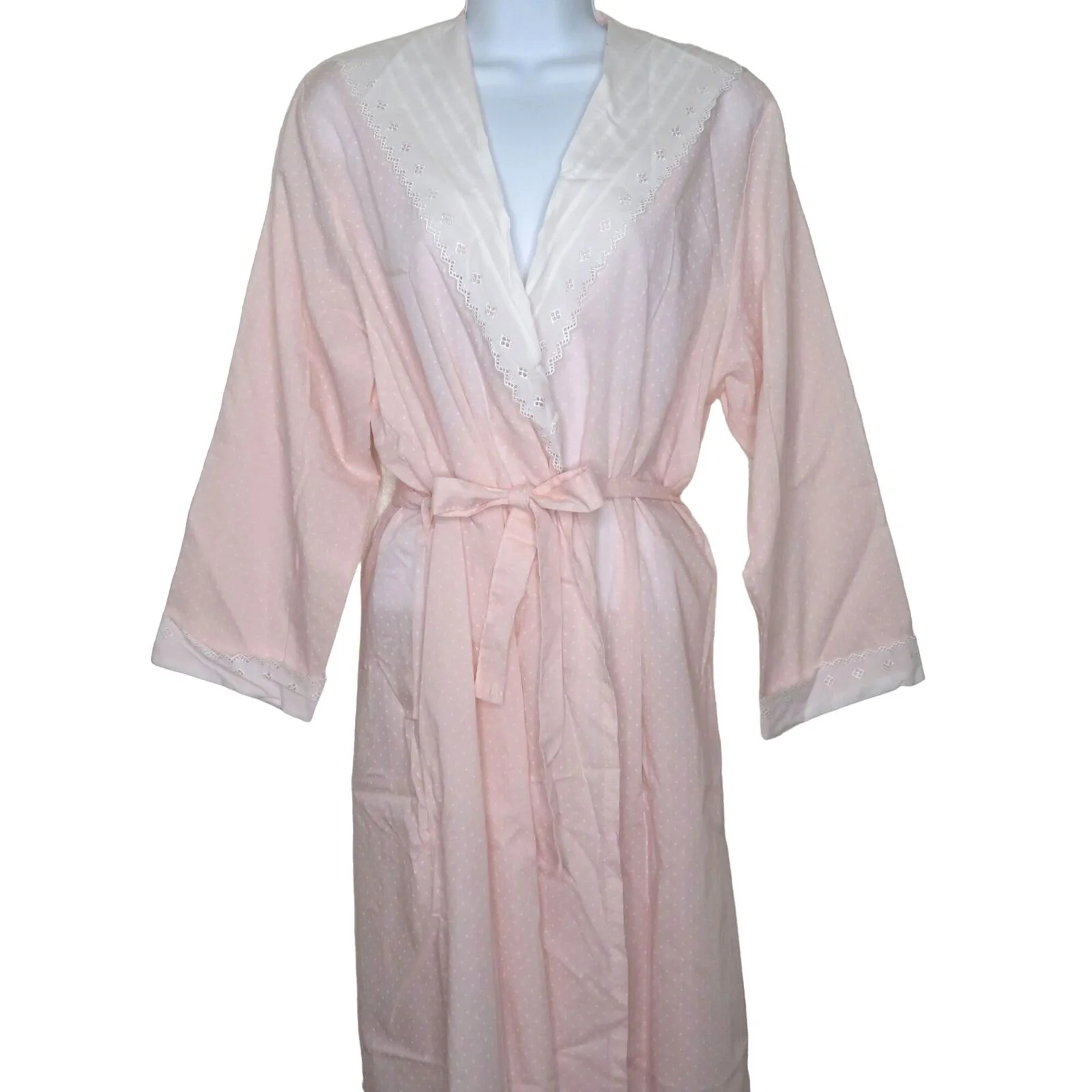 Vintage Full Length Dressing Gown Robe L Pink Swiss Polka Dot Lace Collar Belted by BHS - Image 10