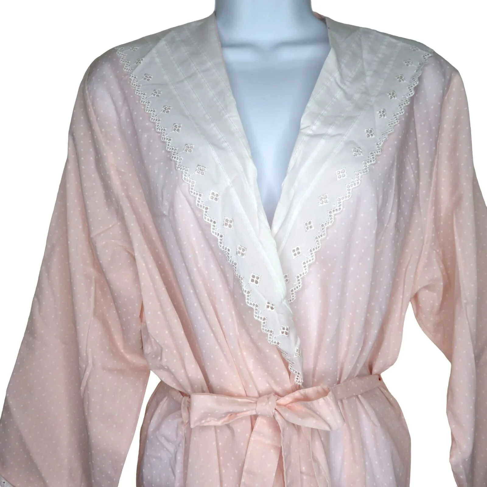 Vintage Full Length Dressing Gown Robe L Pink Swiss Polka Dot Lace Collar Belted by BHS - Image 6