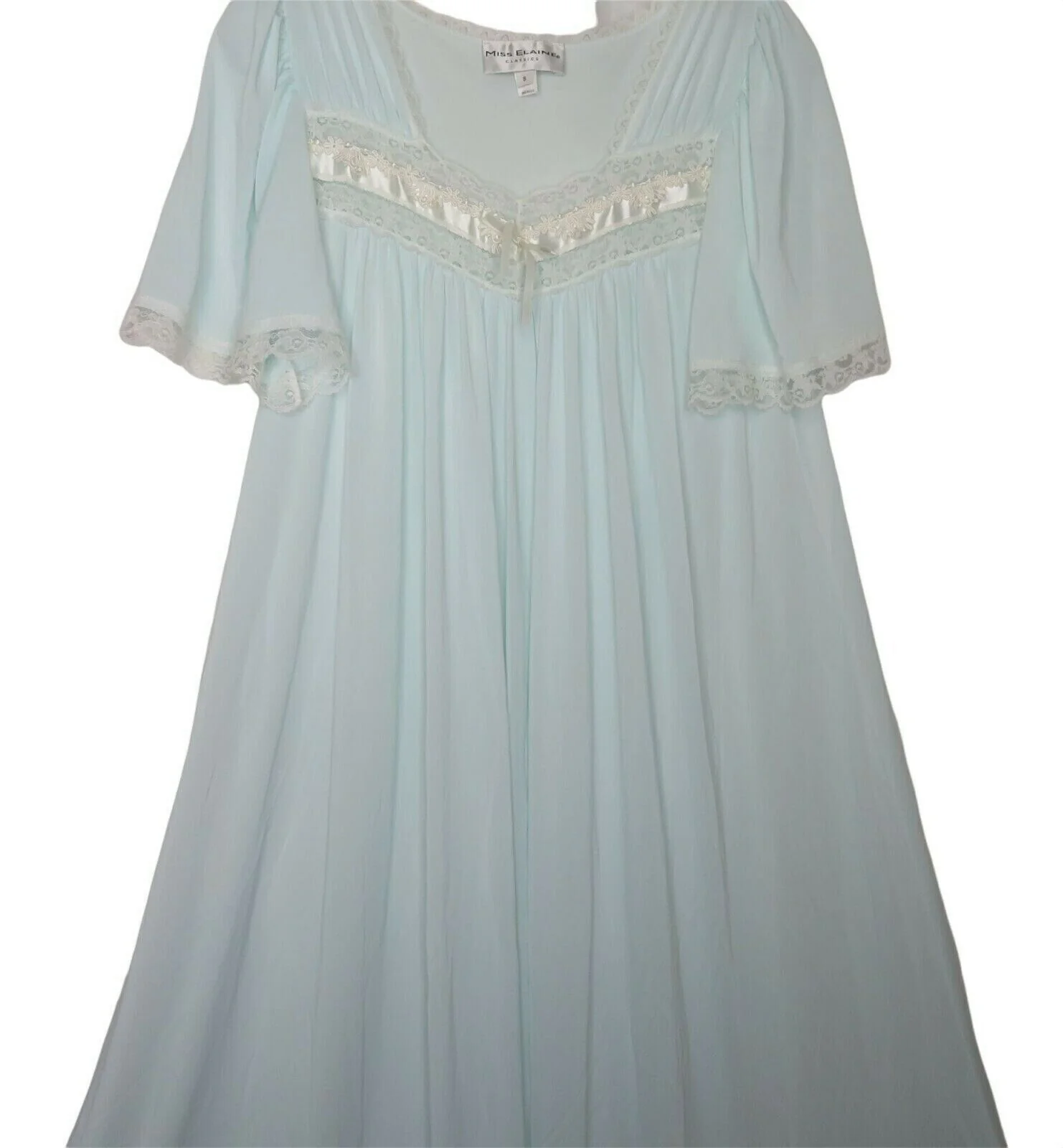 Vintage Full Length Nightgown S Nylon Lace Short Sleeve Union Tag by Miss Elaine - Image 2