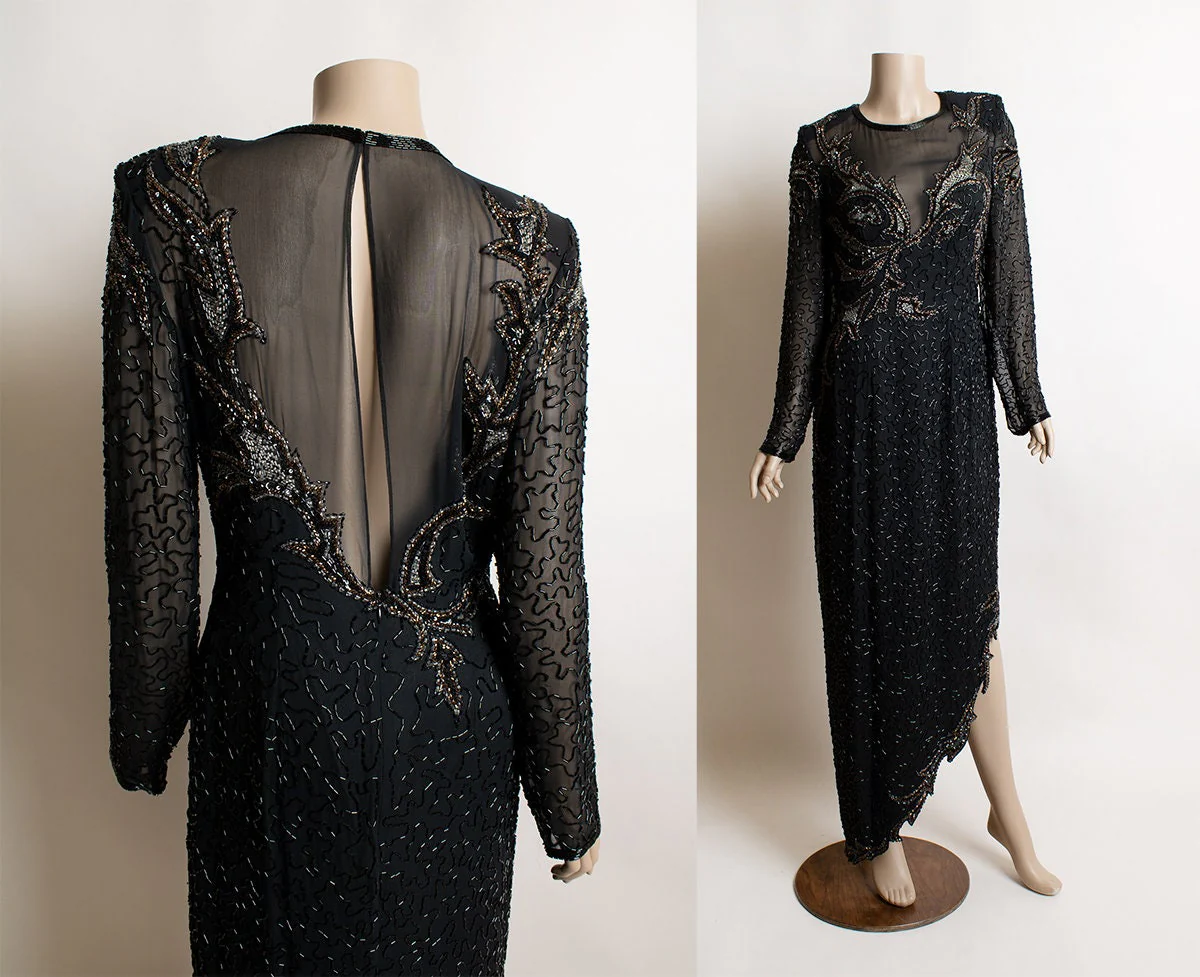 Vintage Fully Beaded Dress - 90s Black Bronze and Silver Silk Asymmetrical Hem Sheer Glam Sequin Evening Gown - A. J. Bari - Medium by A. J. Bari - Image 3
