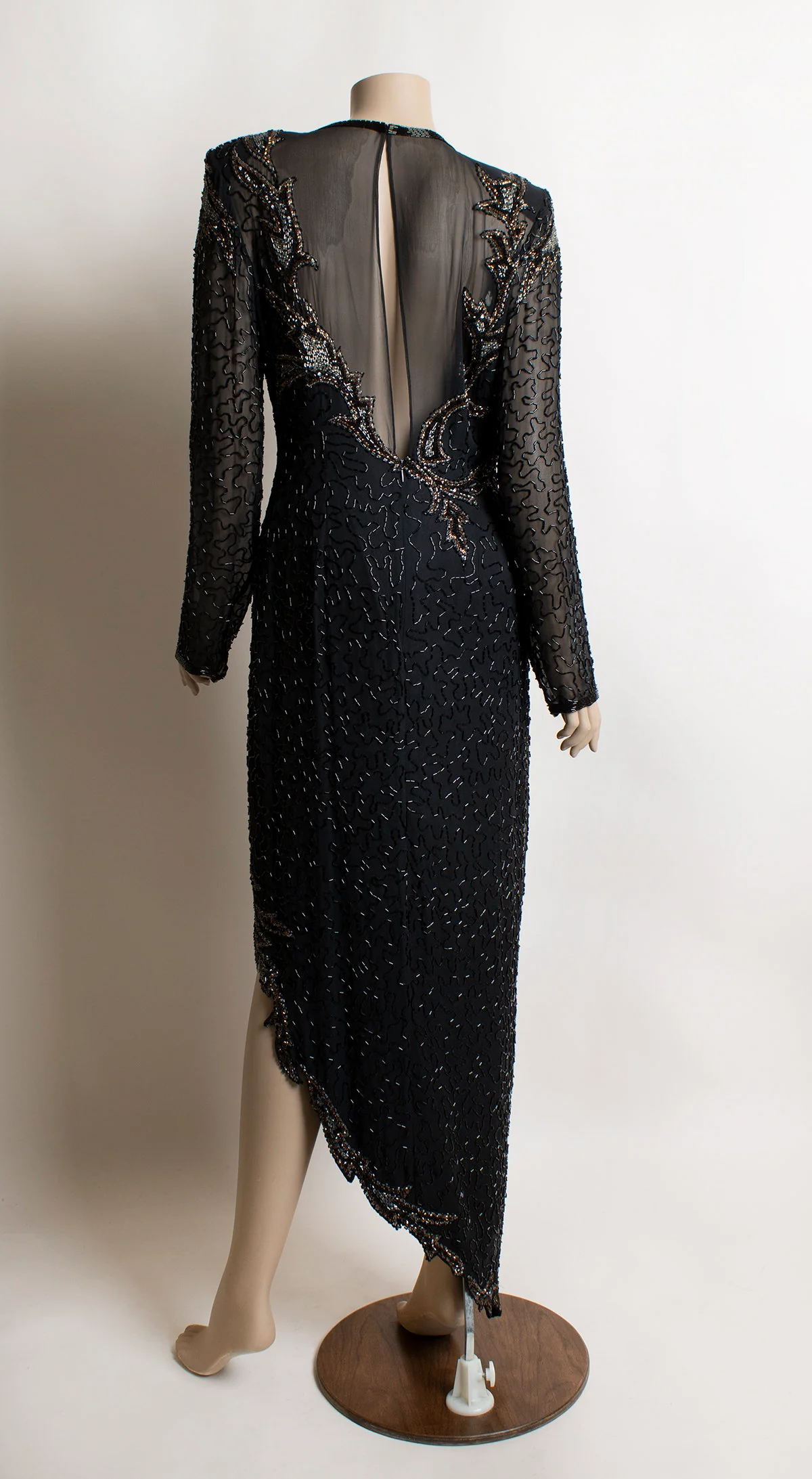 Vintage Fully Beaded Dress - 90s Black Bronze and Silver Silk Asymmetrical Hem Sheer Glam Sequin Evening Gown - A. J. Bari - Medium by A. J. Bari - Image 4