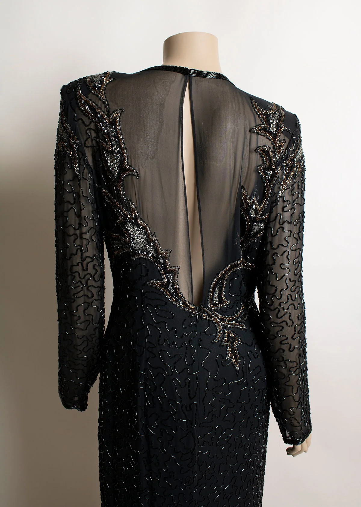 Vintage Fully Beaded Dress - 90s Black Bronze and Silver Silk Asymmetrical Hem Sheer Glam Sequin Evening Gown - A. J. Bari - Medium by A. J. Bari - Image 5