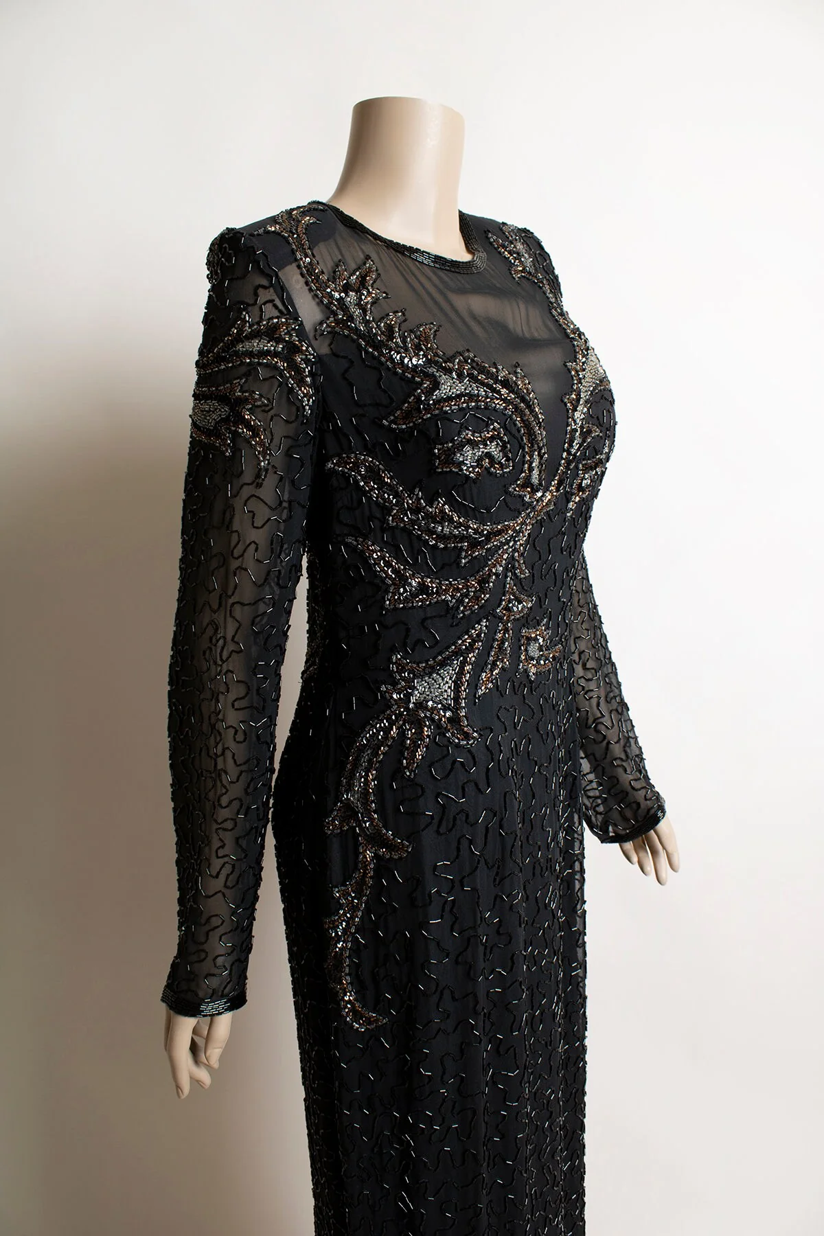 Vintage Fully Beaded Dress - 90s Black Bronze and Silver Silk Asymmetrical Hem Sheer Glam Sequin Evening Gown - A. J. Bari - Medium by A. J. Bari - Image 6