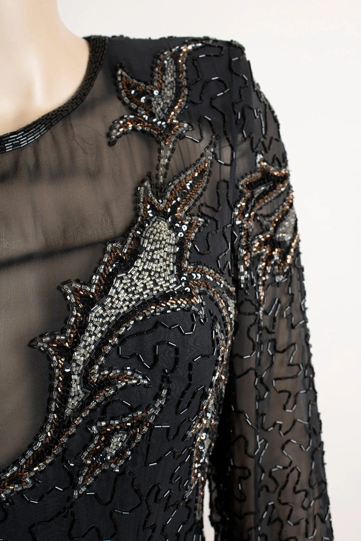 Vintage Fully Beaded Dress - 90s Black Bronze and Silver Silk Asymmetrical Hem Sheer Glam Sequin Evening Gown - A. J. Bari - Medium by A. J. Bari - Image 7