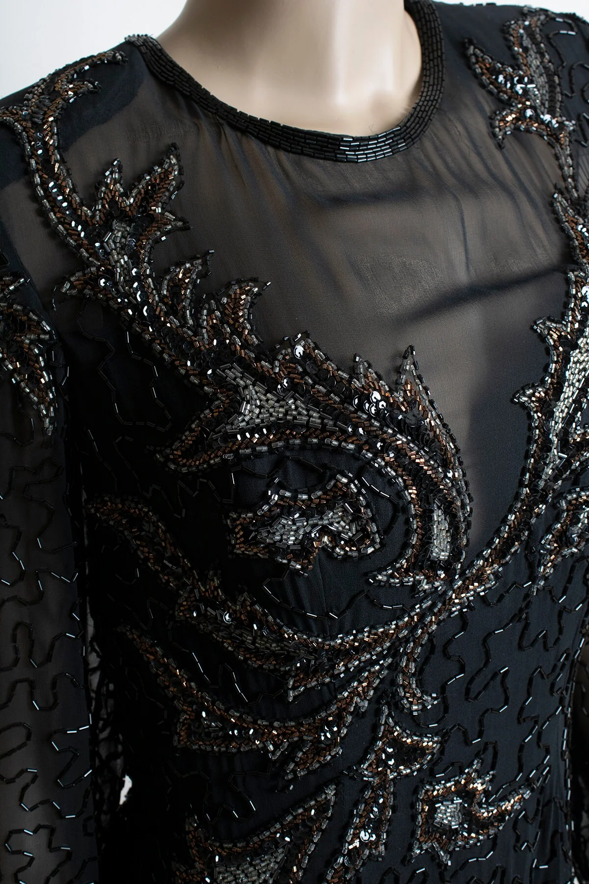 Vintage Fully Beaded Dress - 90s Black Bronze and Silver Silk Asymmetrical Hem Sheer Glam Sequin Evening Gown - A. J. Bari - Medium by A. J. Bari - Image 8