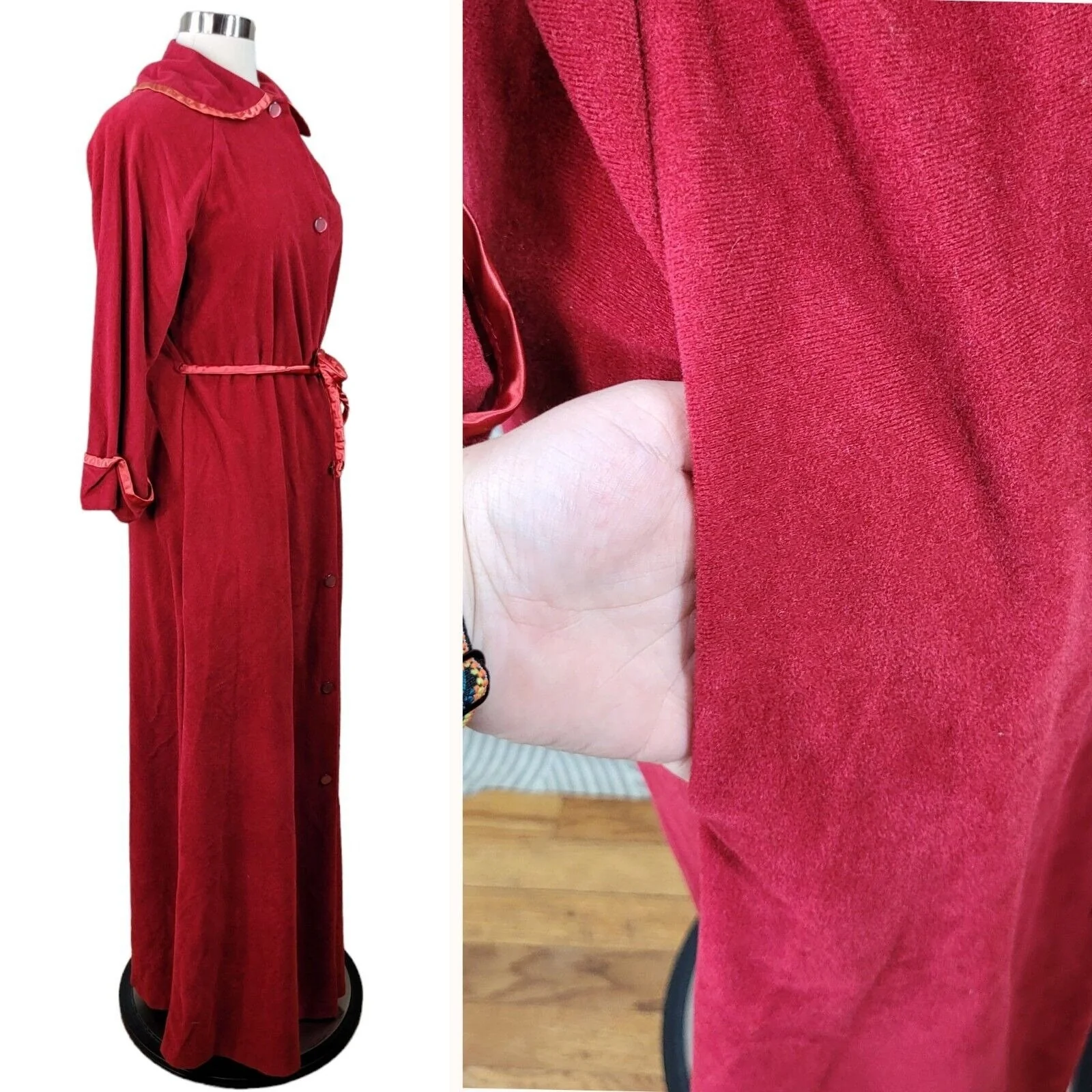 Vintage Fuzzy Fleece Size Small Housecoat Robe Button Up Warm Red Pinup Long by Sears - Image 6