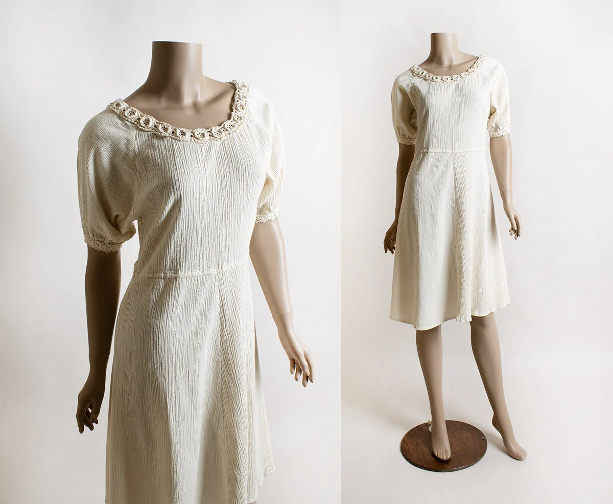 Vintage Gauzy Ivory White Short Sleeve Crochet Flower Medallion Neckline Balkan Cotton Gauzy Summer Dress by Balkan - Image 3