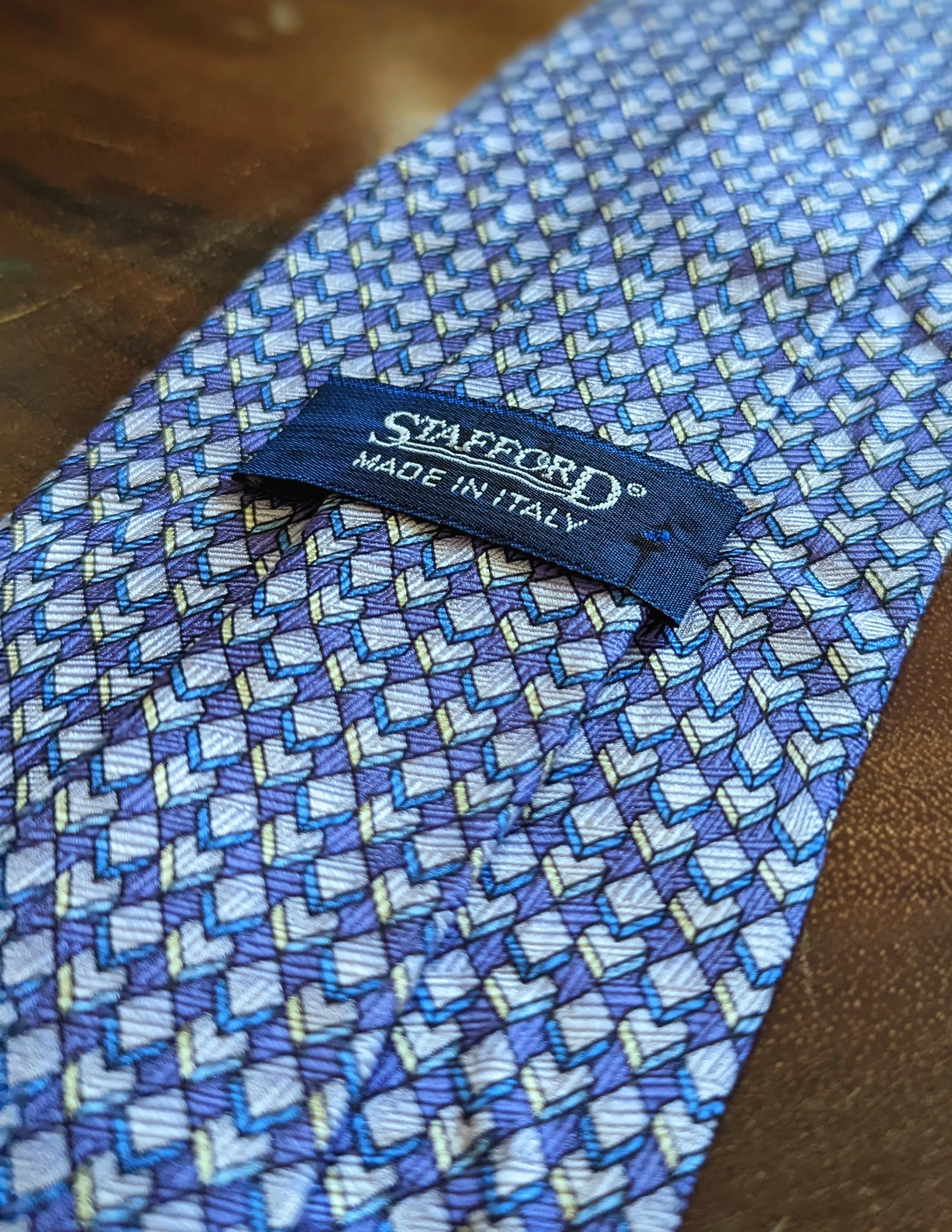 Vintage Geometric Italian Silk Tie In Purple Blue and Yellow by Stafford - Image 3