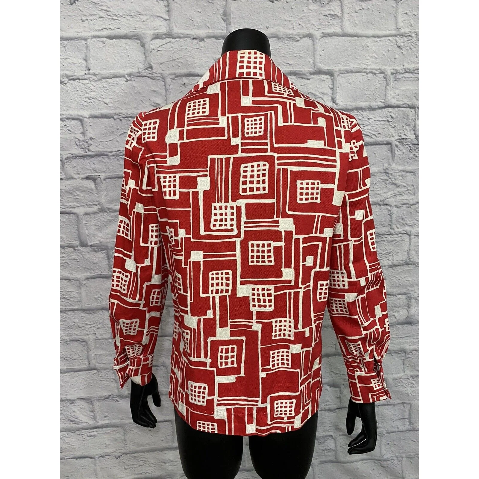 Vintage Geometric Mod 60s Shirt Handmade 60s L Ooak Long Sleeve Disco Big Collar - Image 2