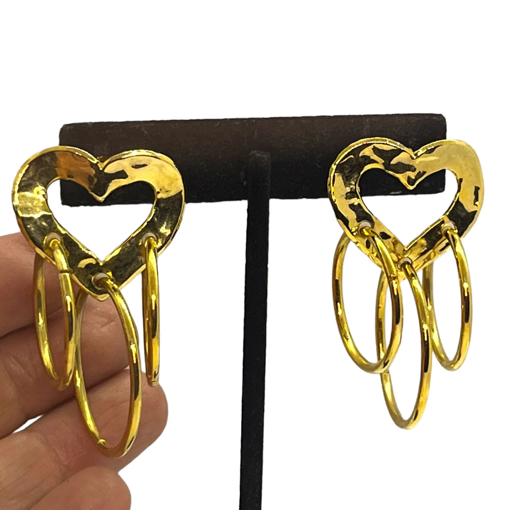 Vintage Gold Heart Drop Hoop Earrings 80s 90s Polished Hammered Tiered Dangles Quality Statement Costume Jewelry - Image 2