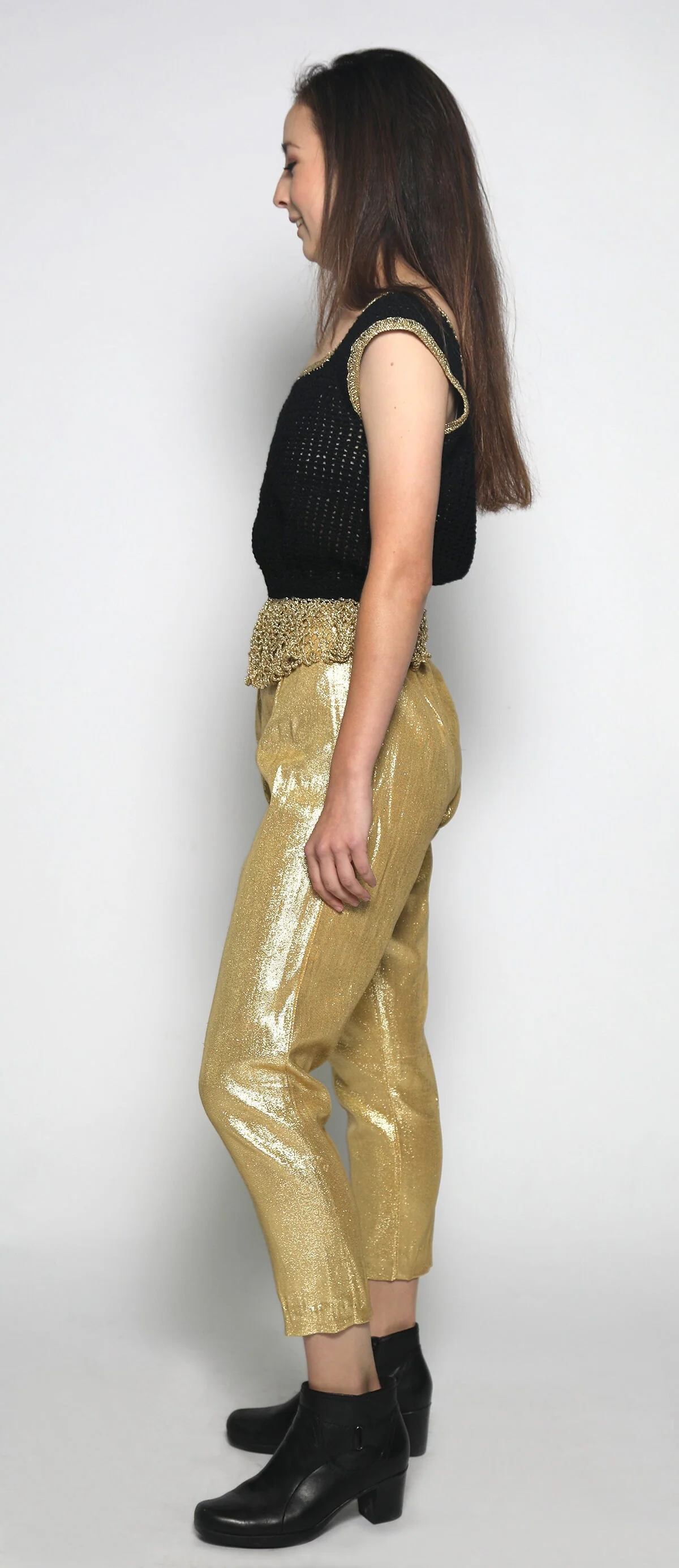 Vintage Gold Knit Disco Black and Golden Fringed Thread Loose Knit Blouse Tank - Image 10