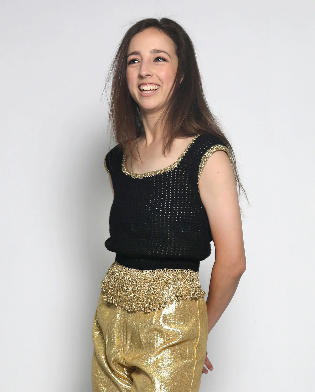 Vintage Gold Knit Disco Black and Golden Fringed Thread Loose Knit Blouse Tank - Image 4