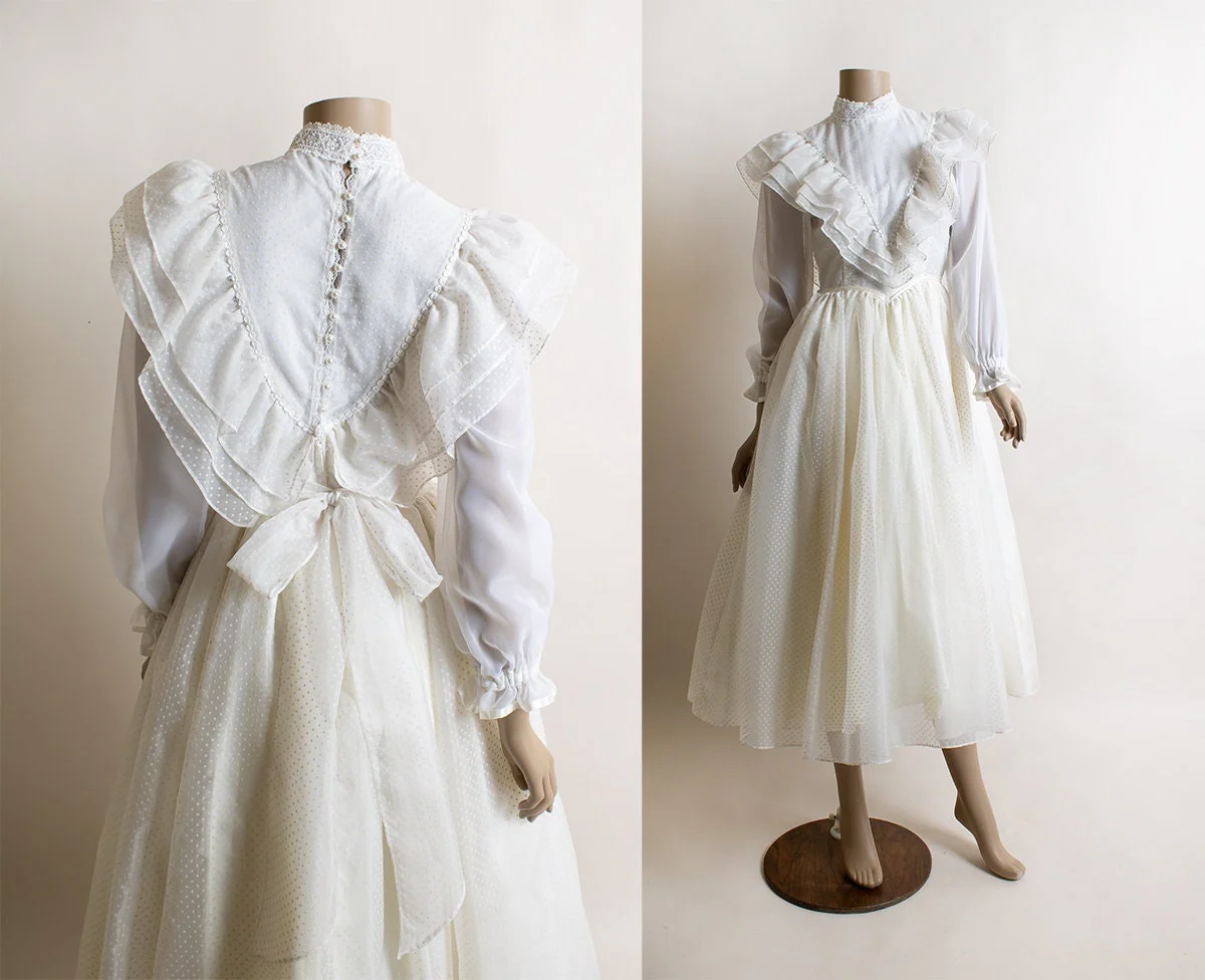 Vintage Gunne Sax Dress Sheer White Swiss Dot Fairy Whimsical Party Prom Dress Ruffles Victorian Style Jessica Mcclintock Bride Small 7 by Gunne Sax - Image 4