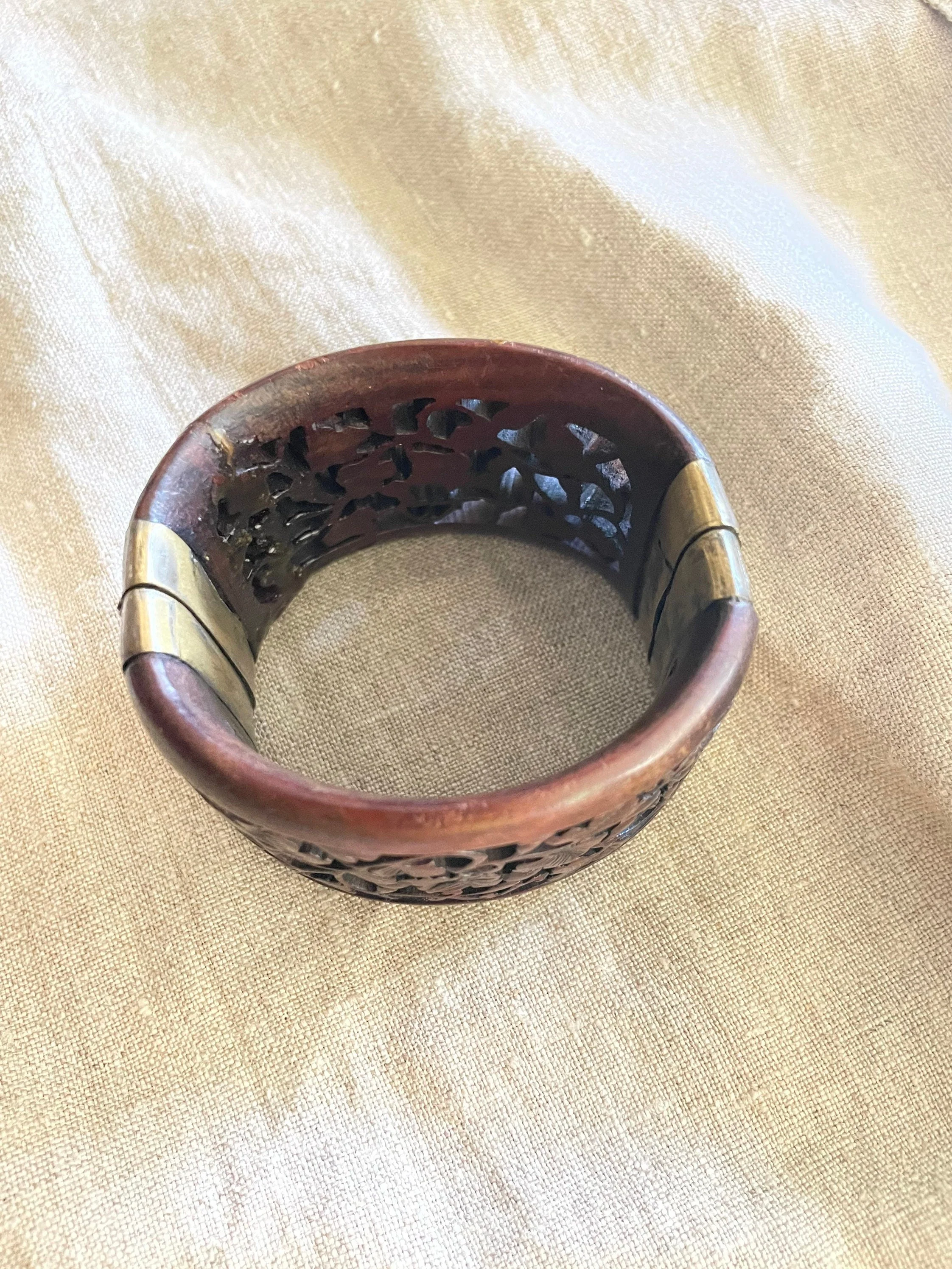 Vintage Hand Carved Wool Bangle Bracelet Silver Rosewood Stemmed - Image 2