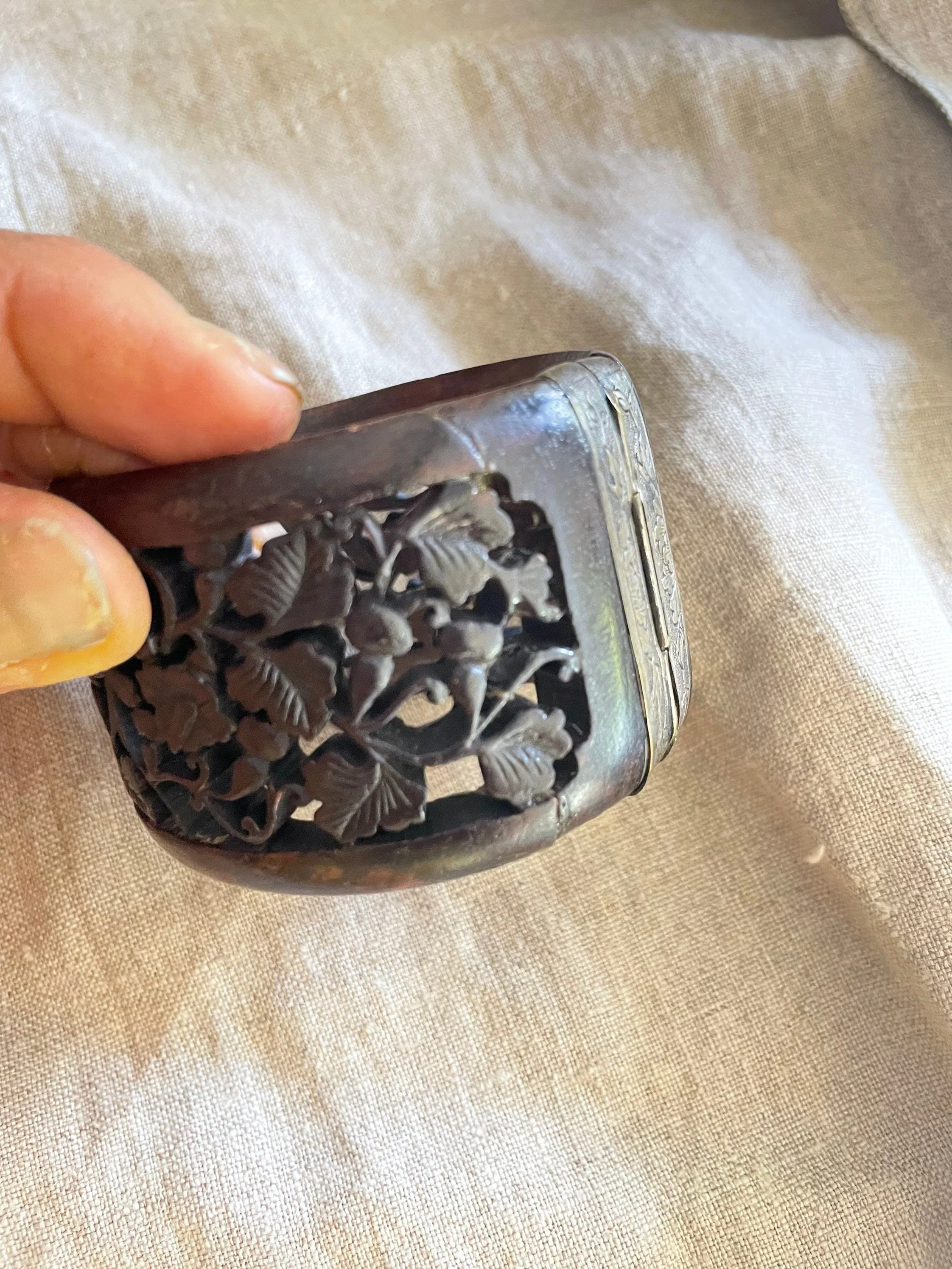 Vintage Hand Carved Wool Bangle Bracelet Silver Rosewood Stemmed - Image 4