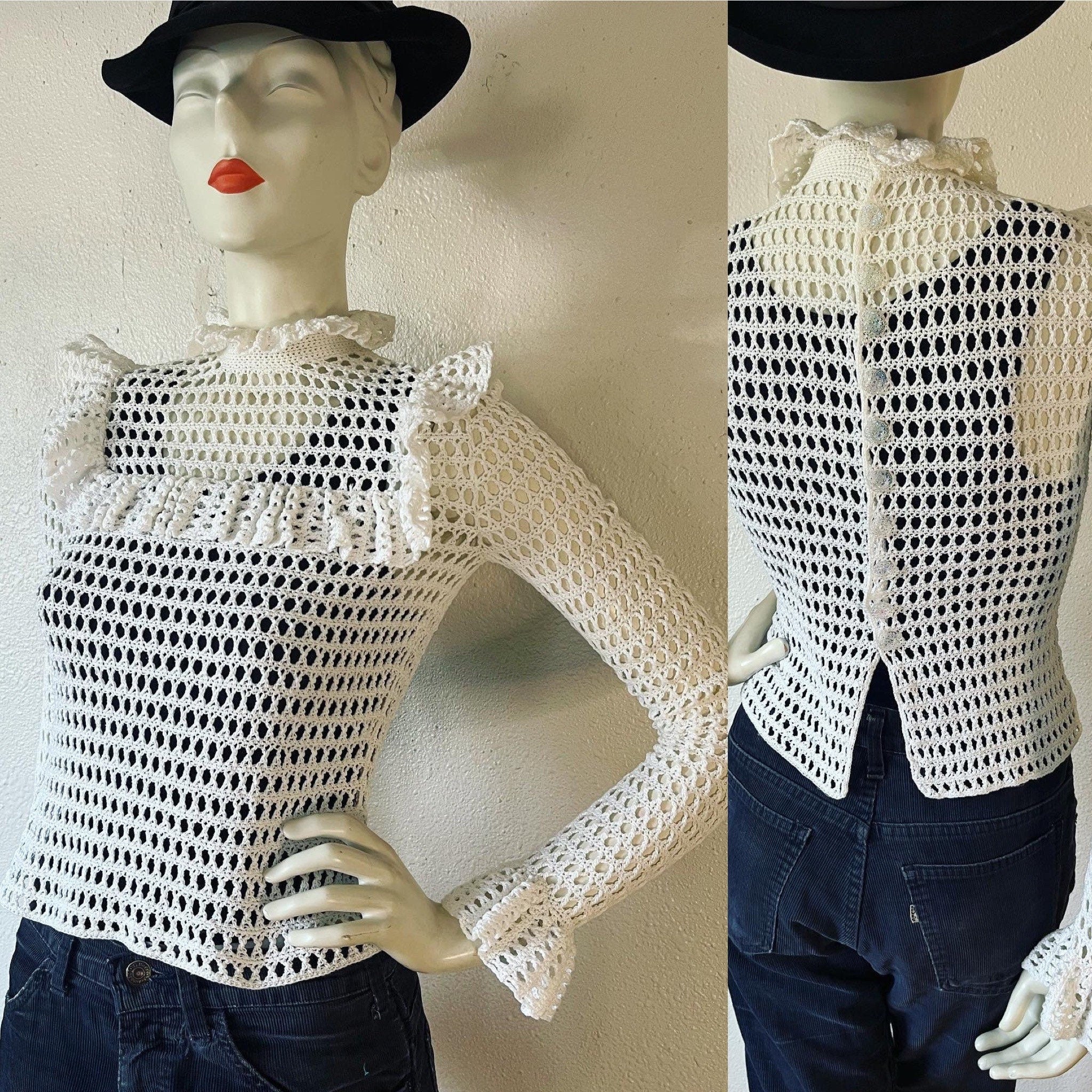 Vintage Hand Crochet Fully Fashioned Blouse Sweater with Ruffle Trim Galore and The Most Stunning Iridescent Button Back Closures - Image 3