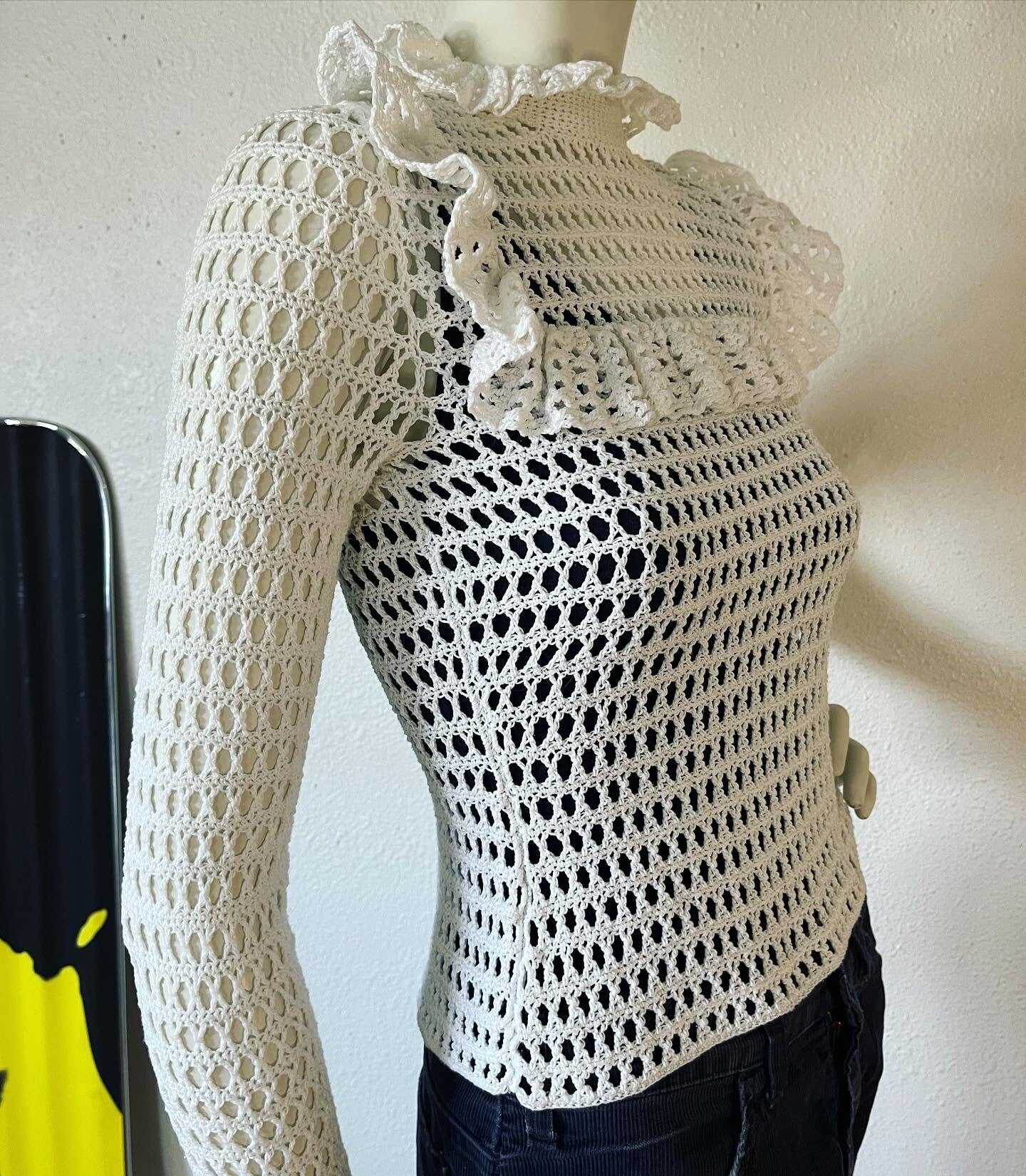 Vintage Hand Crochet Fully Fashioned Blouse Sweater with Ruffle Trim Galore and The Most Stunning Iridescent Button Back Closures - Image 4