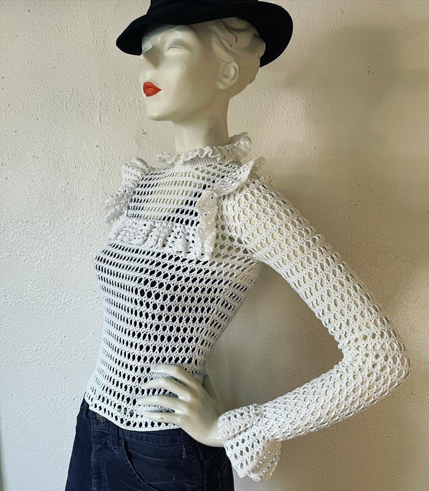 Vintage Hand Crochet Fully Fashioned Blouse Sweater with Ruffle Trim Galore and The Most Stunning Iridescent Button Back Closures - Image 9