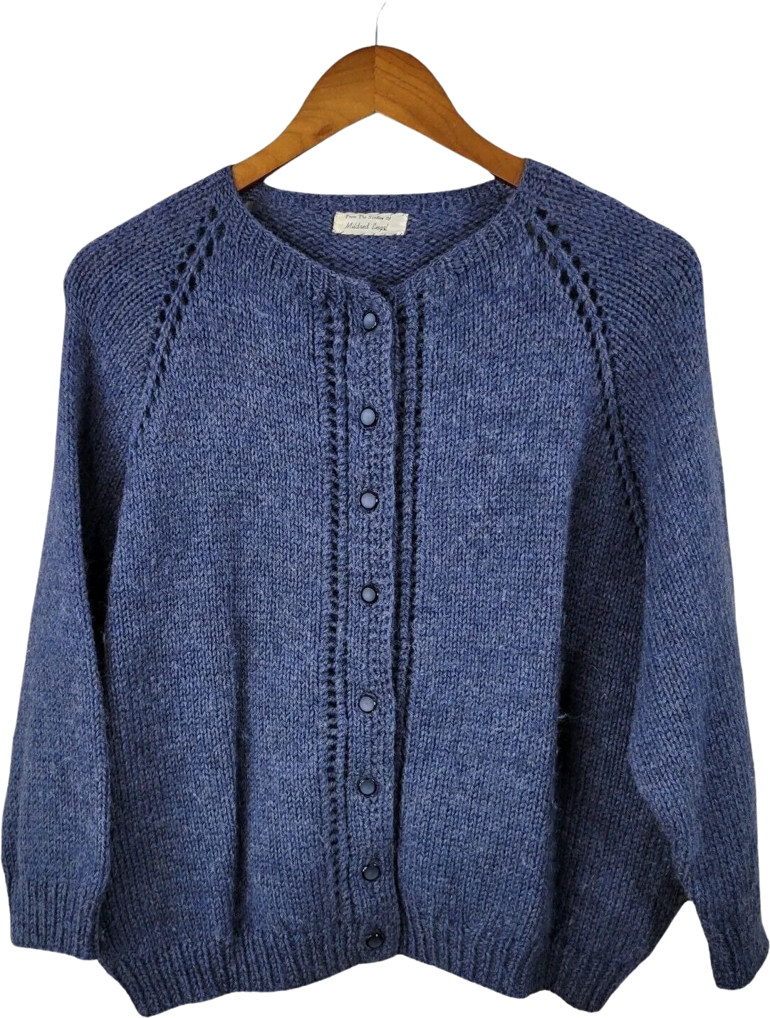 Vintage Hand Knit Cardigan Sweater Size Medium Large Wool Pinup Blue Button Up by Mildred Engel