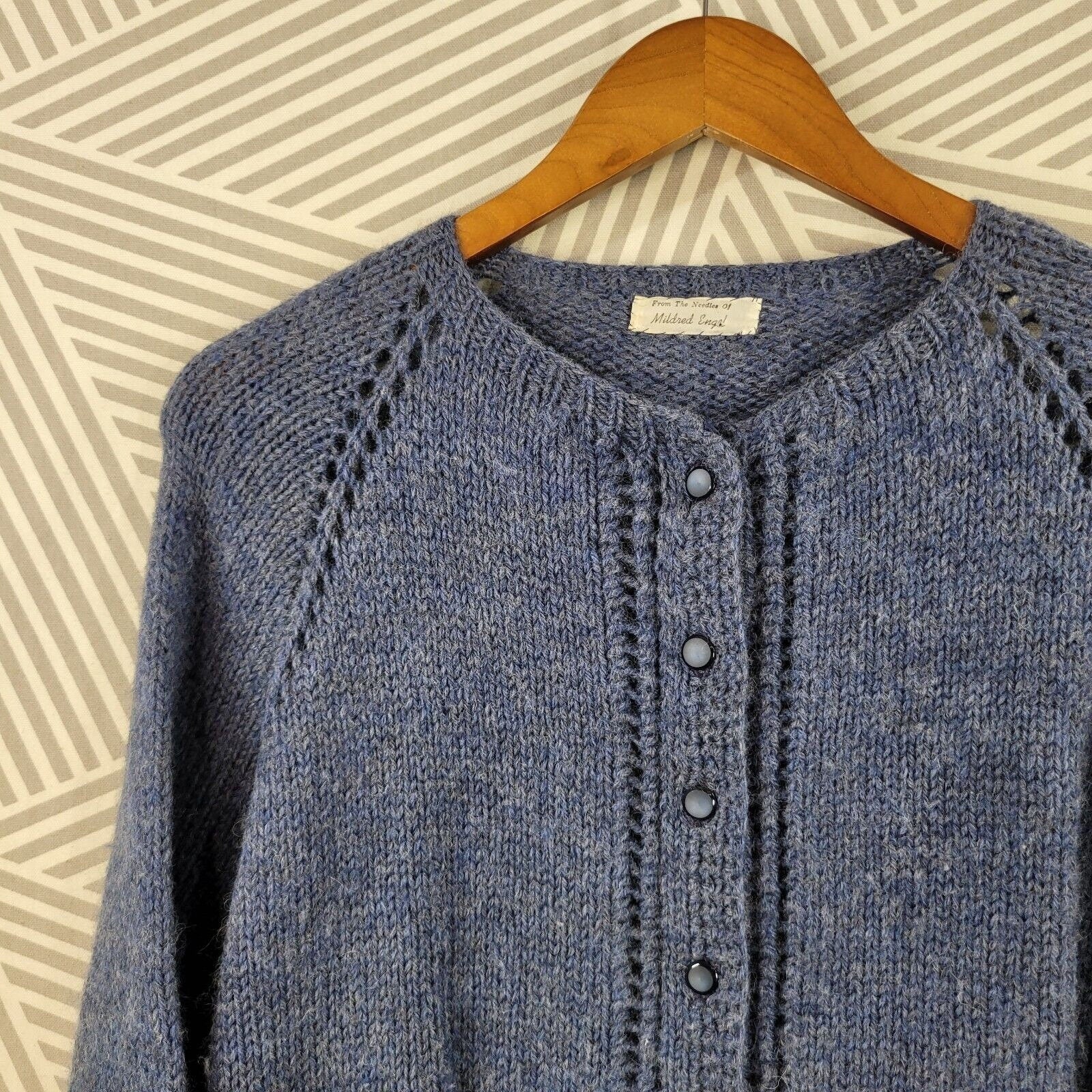 Vintage Hand Knit Cardigan Sweater Size Medium Large Wool Pinup Blue Button Up by Mildred Engel - Image 3