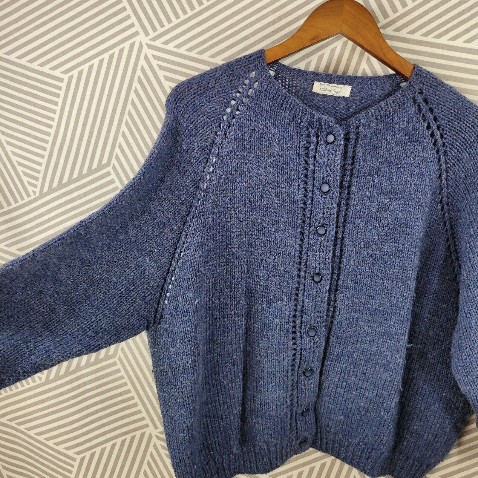 Vintage Hand Knit Cardigan Sweater Size Medium Large Wool Pinup Blue Button Up by Mildred Engel - Image 4