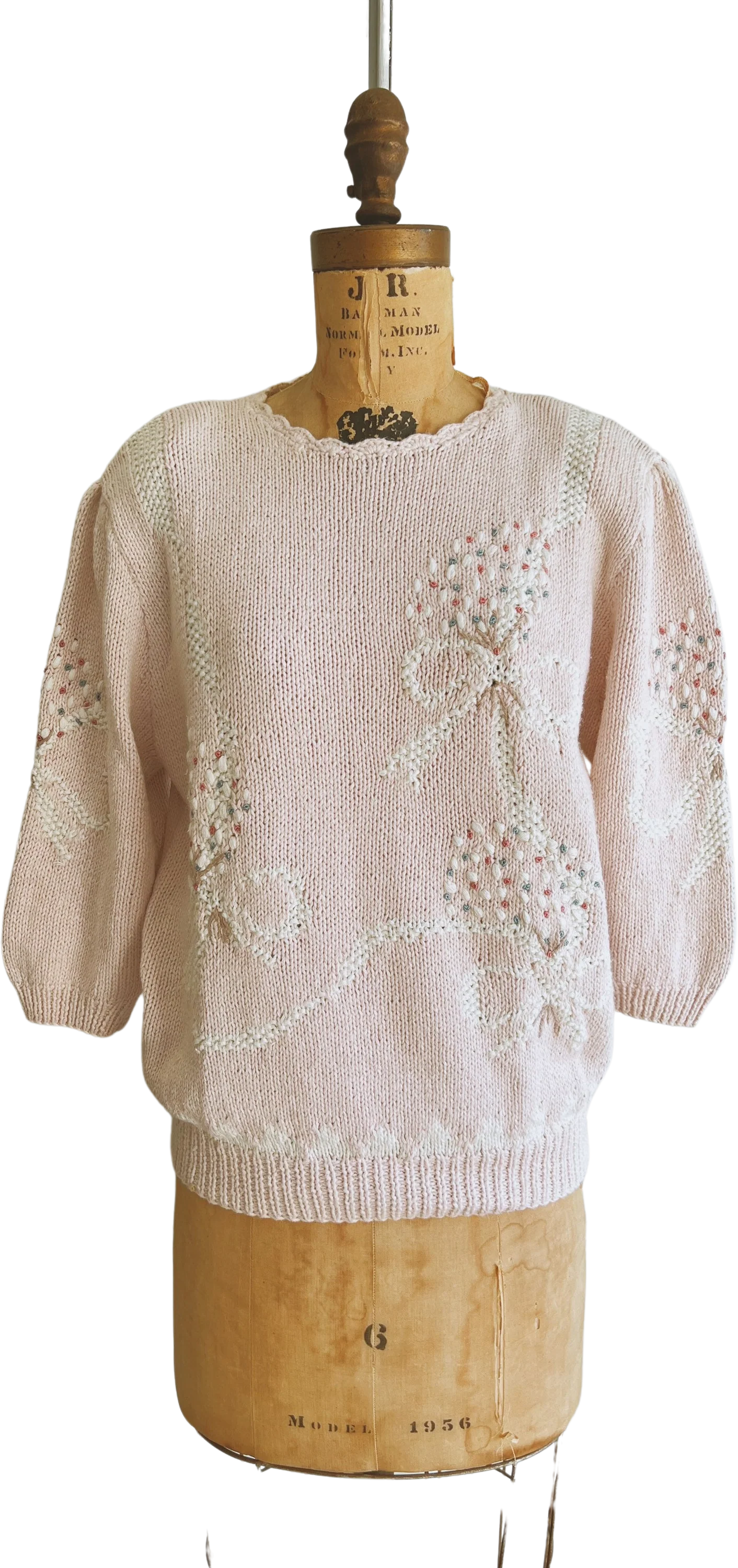 Vintage Hand Knit Sweater 80s Pink Sweater Embellished with Bows by Marisa Christina