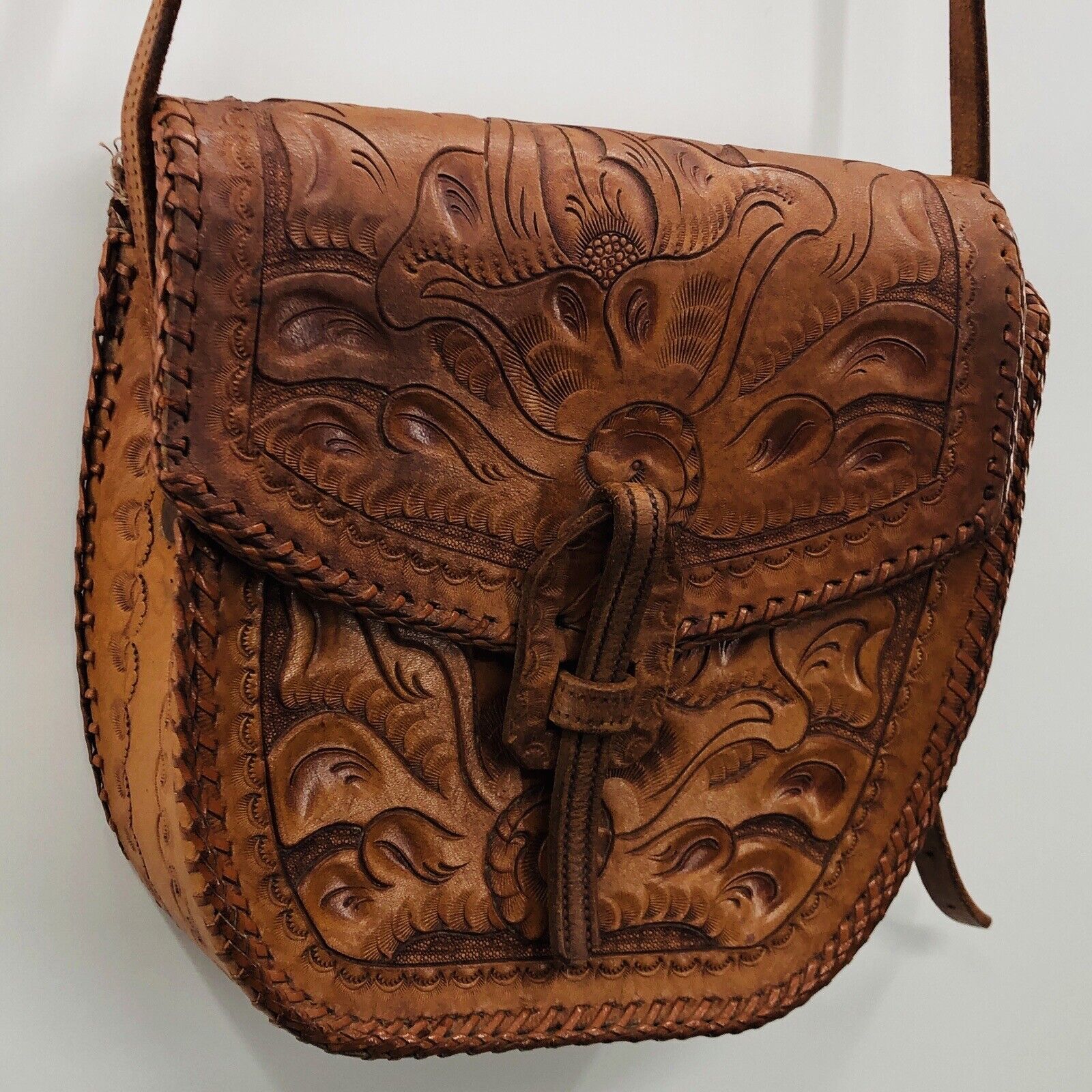Vintage Hand Tooled Leather Crossbody Saddle Bag Purse Brown - Image 4