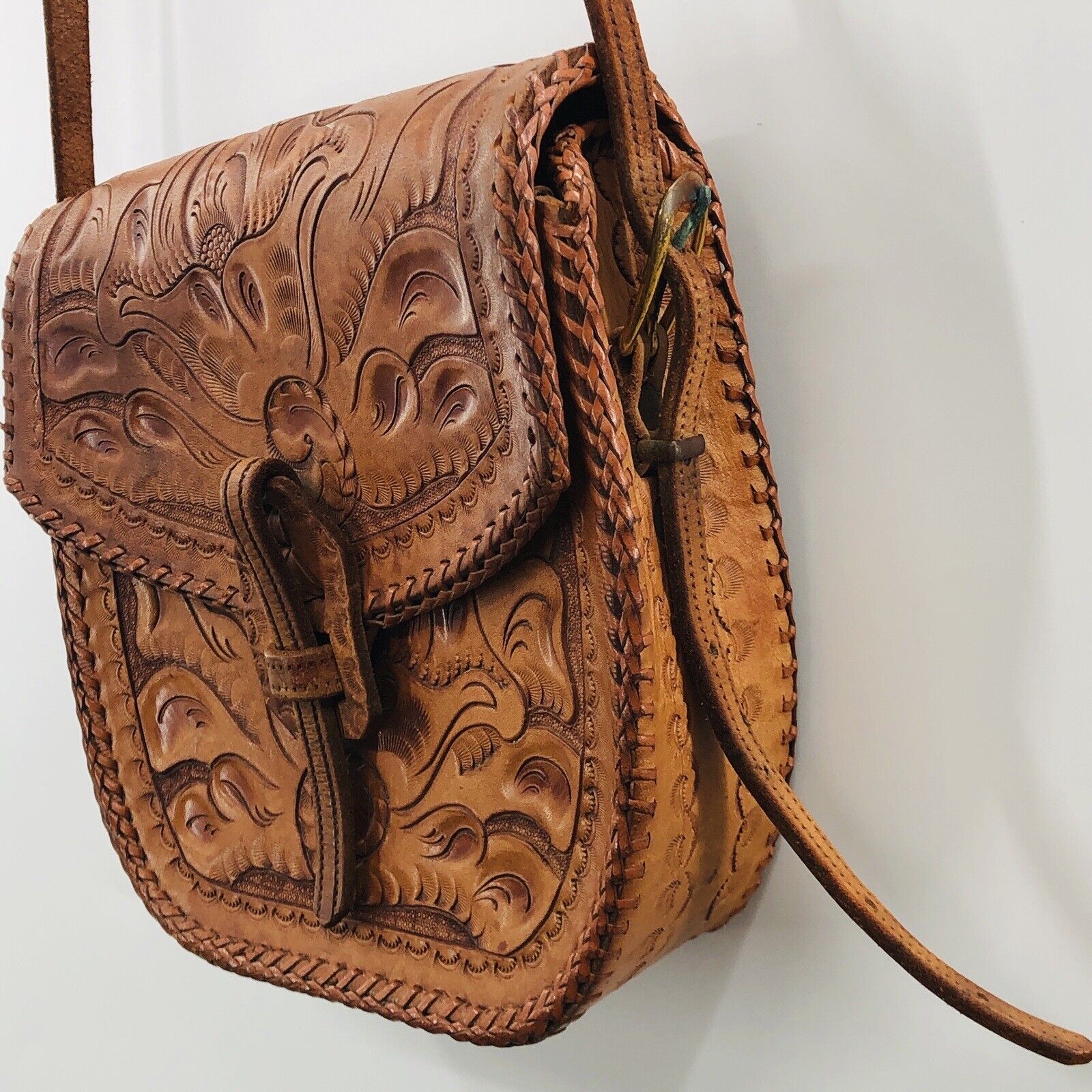Vintage Hand Tooled Leather Crossbody Saddle Bag Purse Brown - Image 5