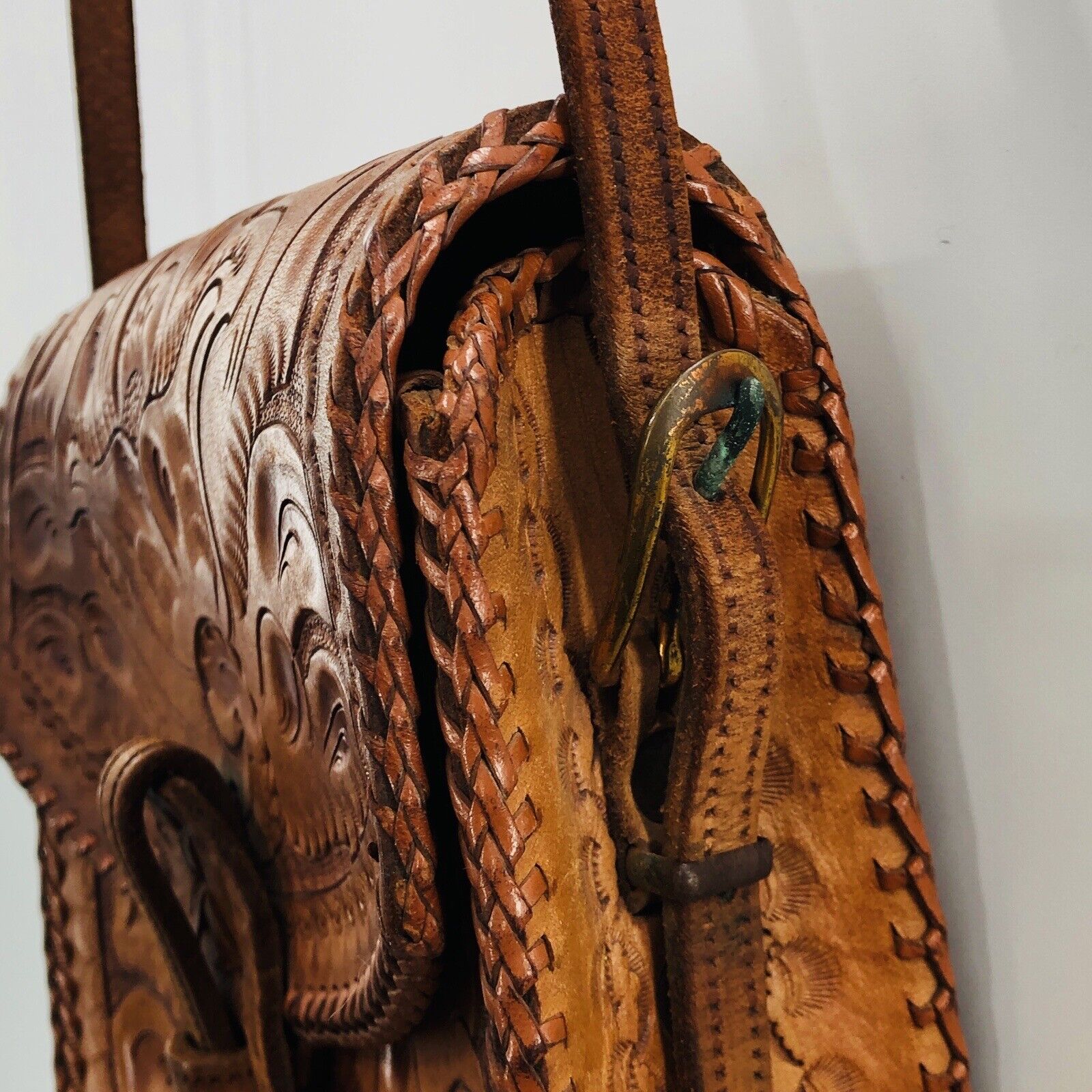 Vintage Hand Tooled Leather Crossbody Saddle Bag Purse Brown - Image 6