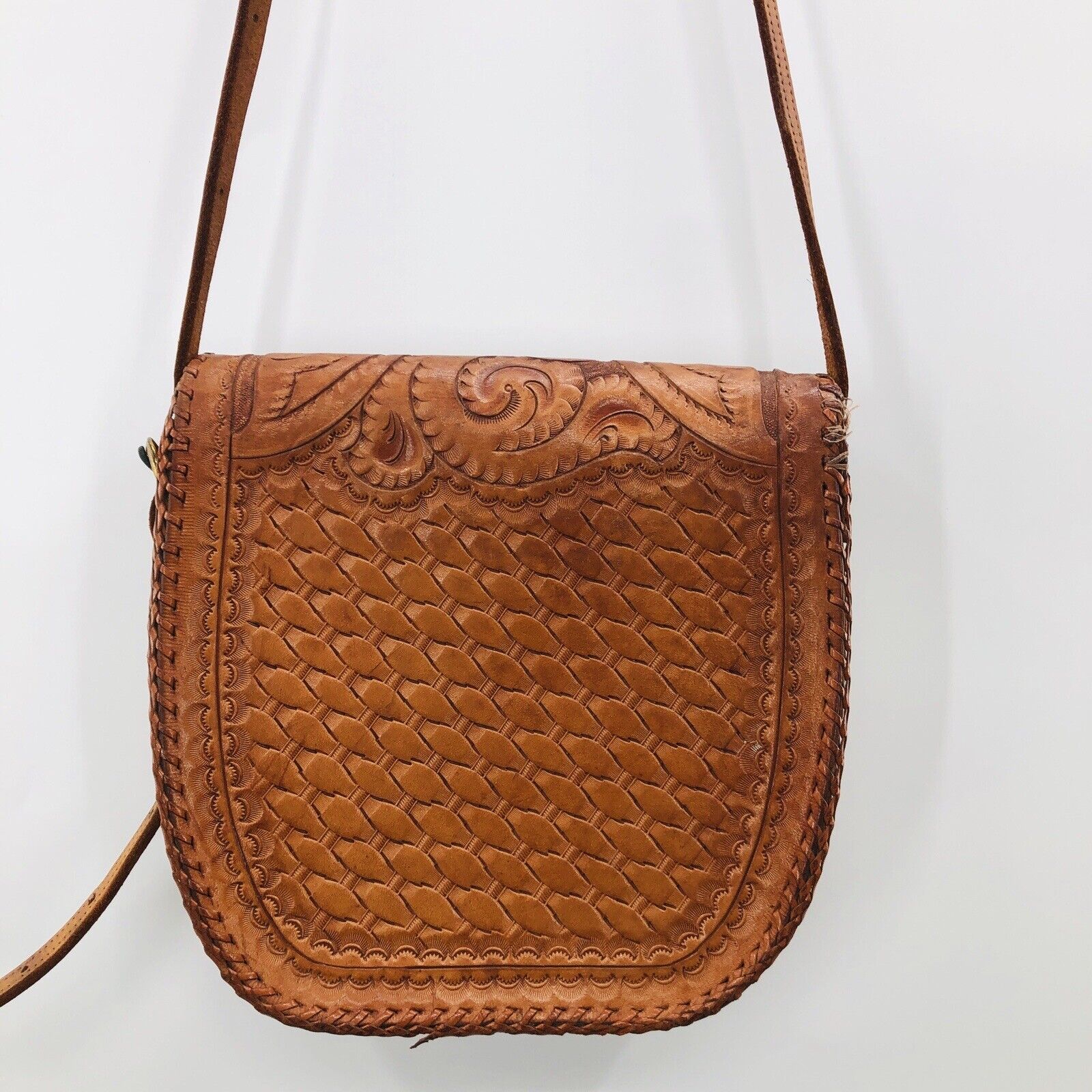 Vintage Hand Tooled Leather Crossbody Saddle Bag Purse Brown - Image 7