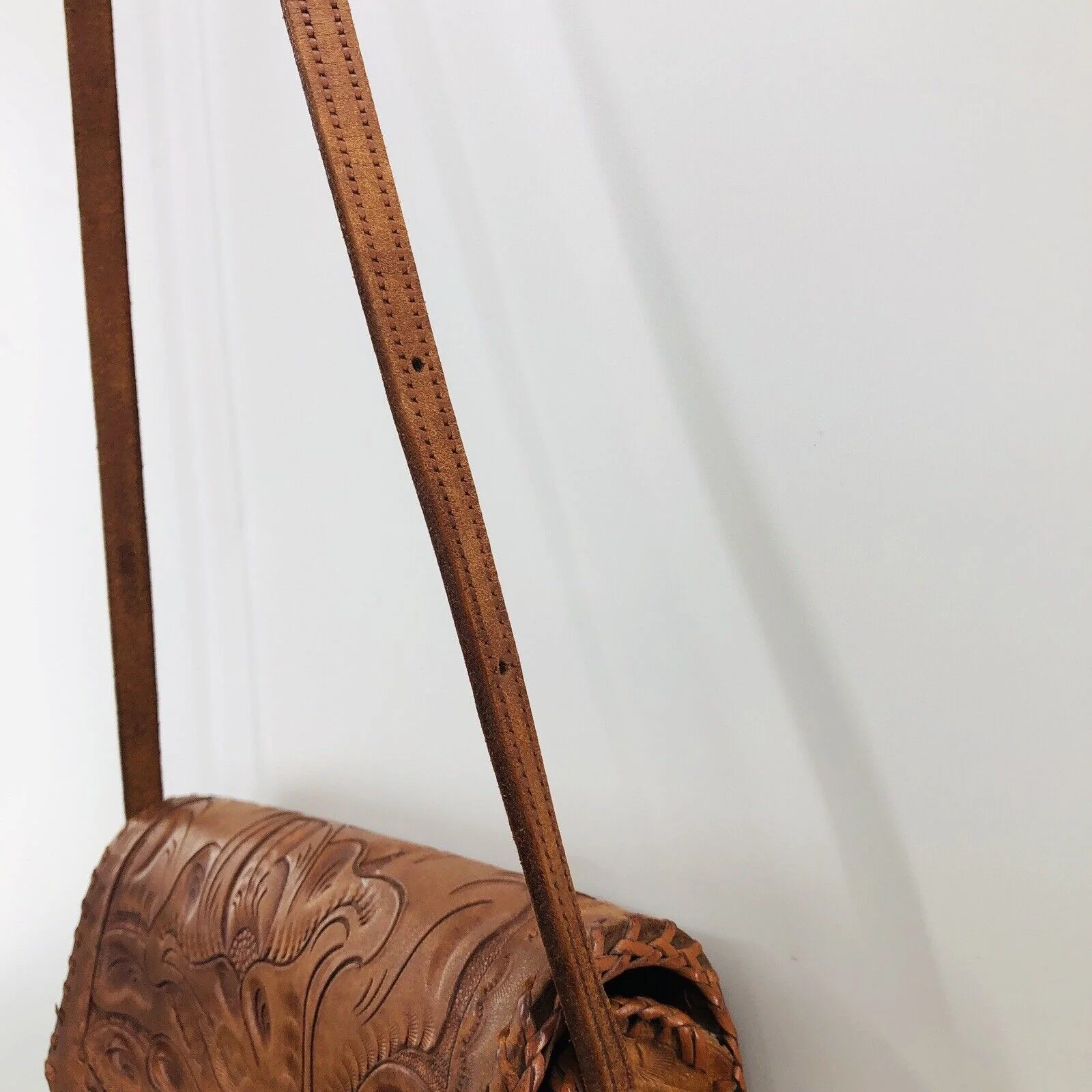 Vintage Hand Tooled Leather Crossbody Saddle Bag Purse Brown - Image 8