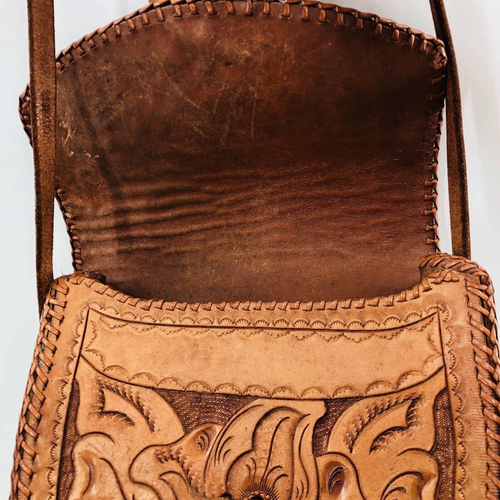 Vintage Hand Tooled Leather Crossbody Saddle Bag Purse Brown - Image 9