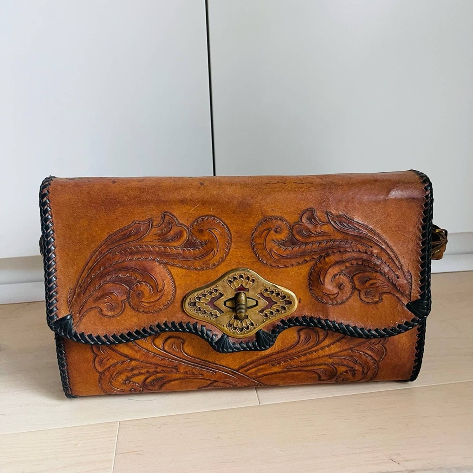 Vintage Handbag Tooled Leather 40s 50s Horse Portrait Brown Leather Western Wear - Image 15