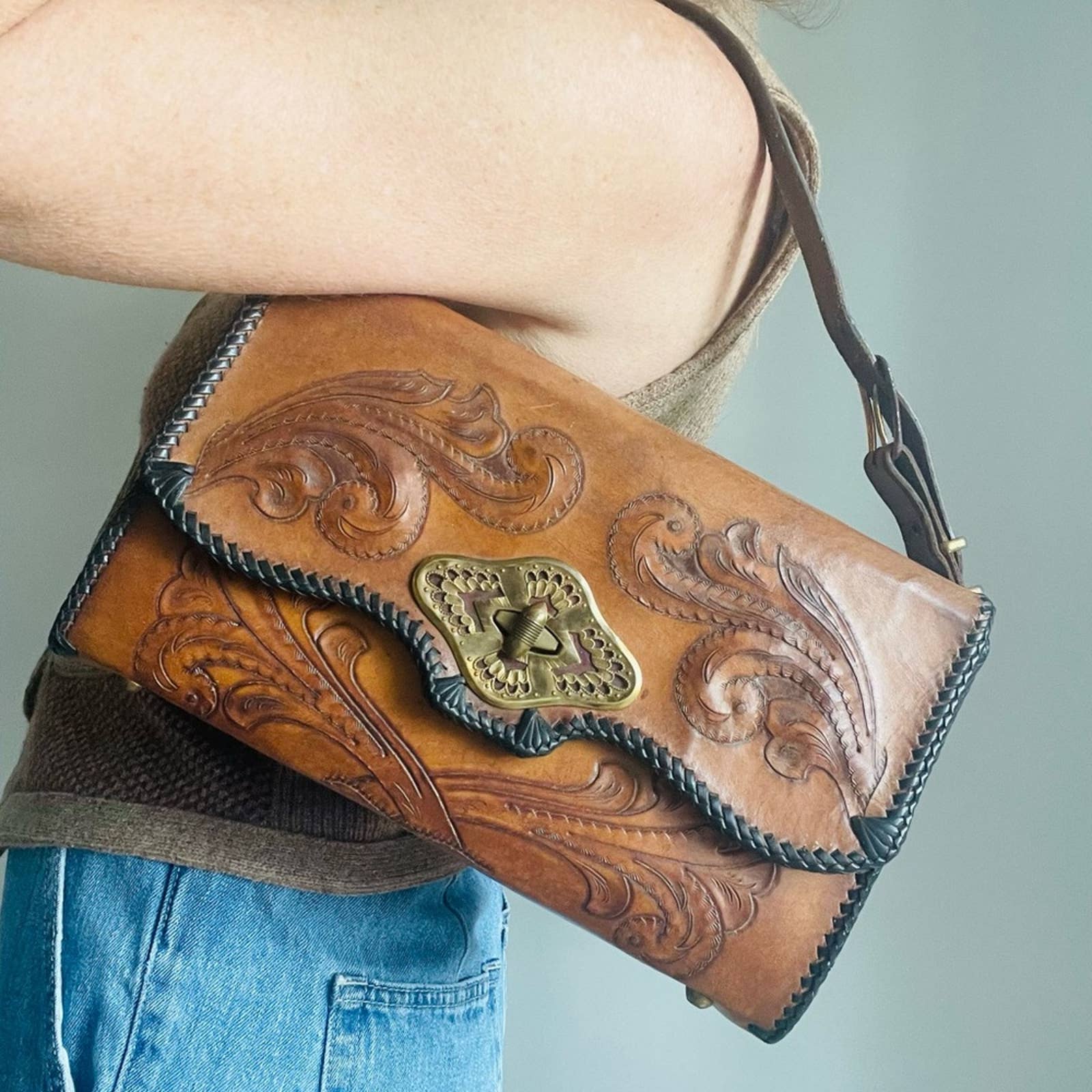 Vintage Handbag Tooled Leather 40s 50s Horse Portrait Brown Leather Western Wear - Image 3