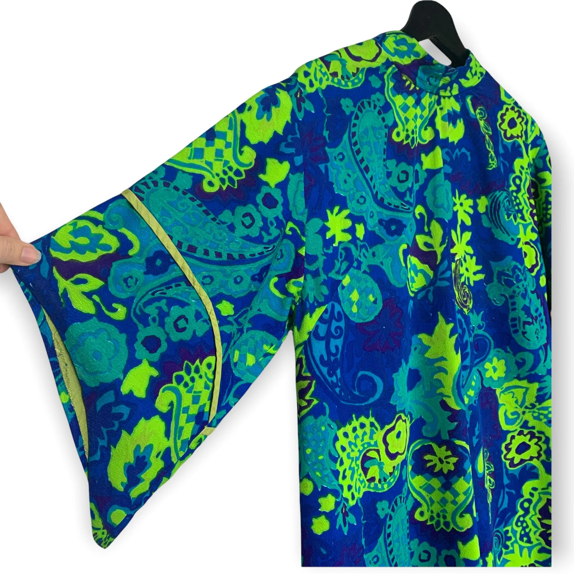 Vintage Handmade 60s Psychedelic Print Full Length High Neck Dress Large - Image 2