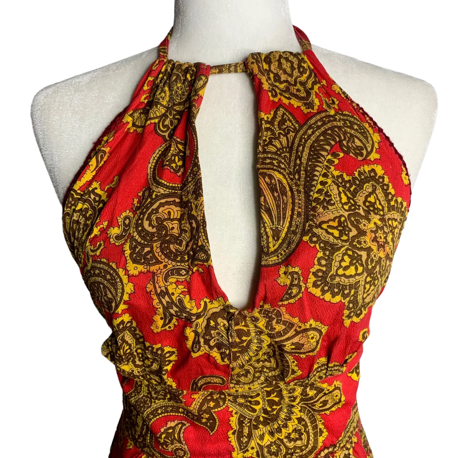 Vintage Handmade 70s Halter Dress S Red Paisley Maxi Sweetheart Tie Neck Zip - Image 3