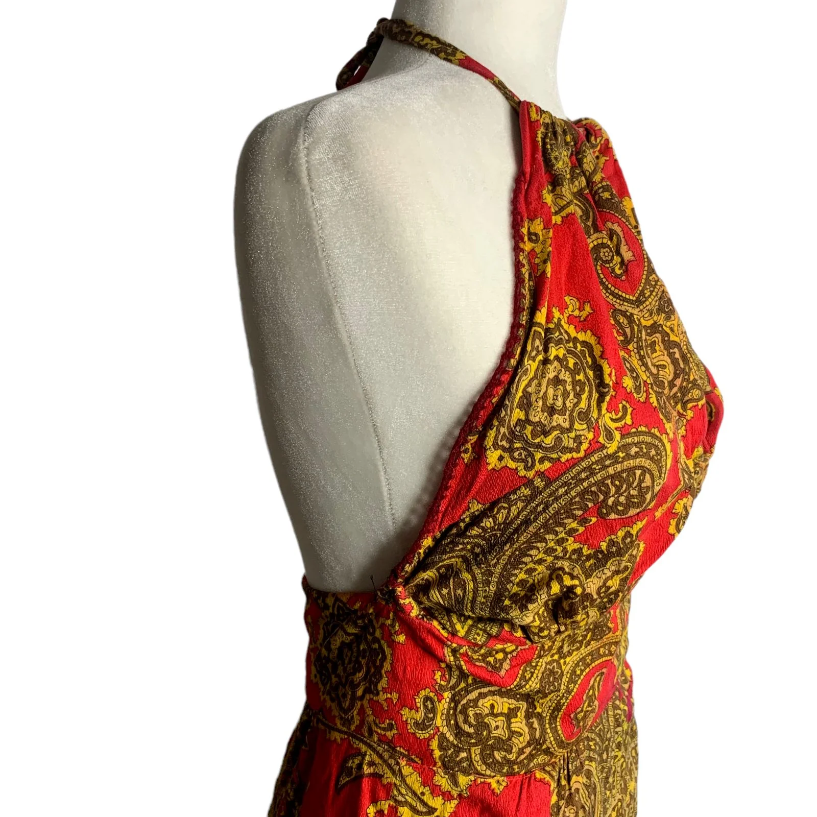 Vintage Handmade 70s Halter Dress S Red Paisley Maxi Sweetheart Tie Neck Zip - Image 4