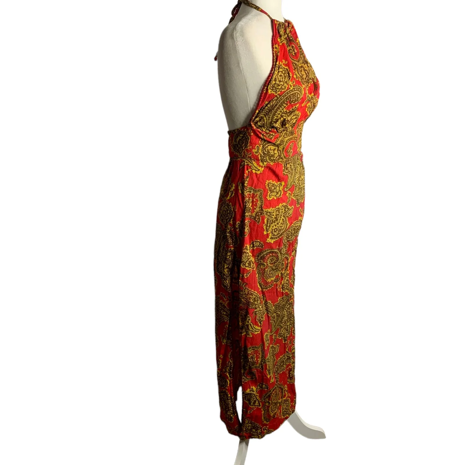 Vintage Handmade 70s Halter Dress S Red Paisley Maxi Sweetheart Tie Neck Zip - Image 5