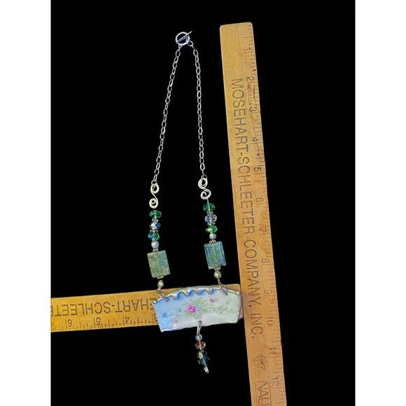 70s Vintage Handmade Broken China Pendant Necklace Prehnite Pearls Crystals By Handcrafted - Image 5