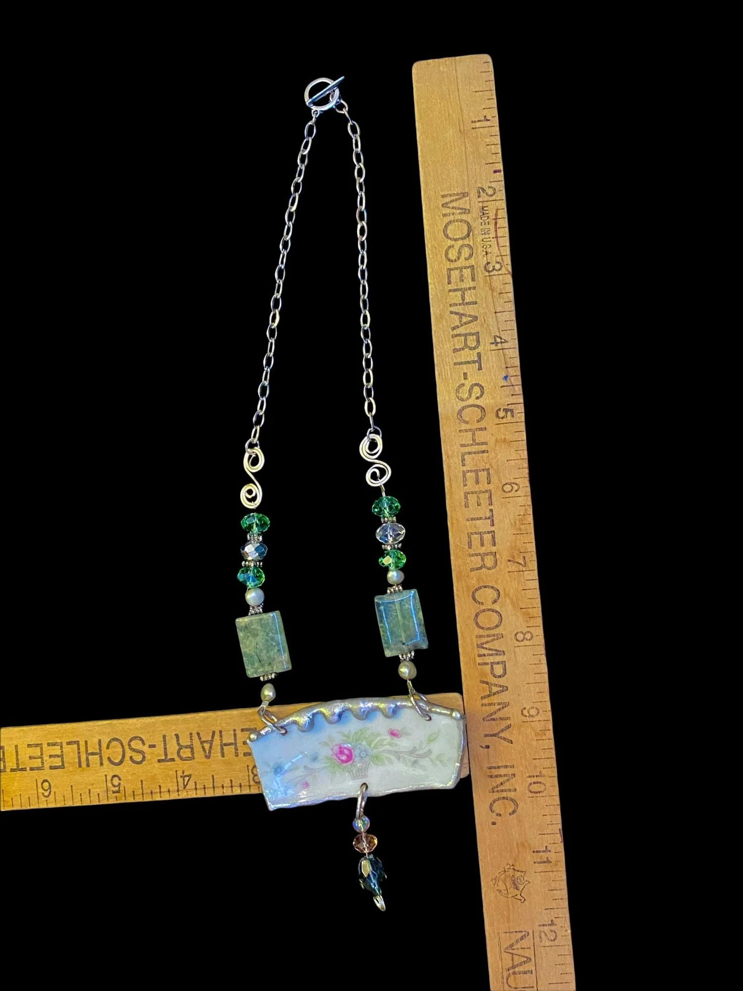 Vintage Handmade Broken China Pendant Necklace Soldered and Beaded with Prehnite and Freshwater Pearls - Image 5