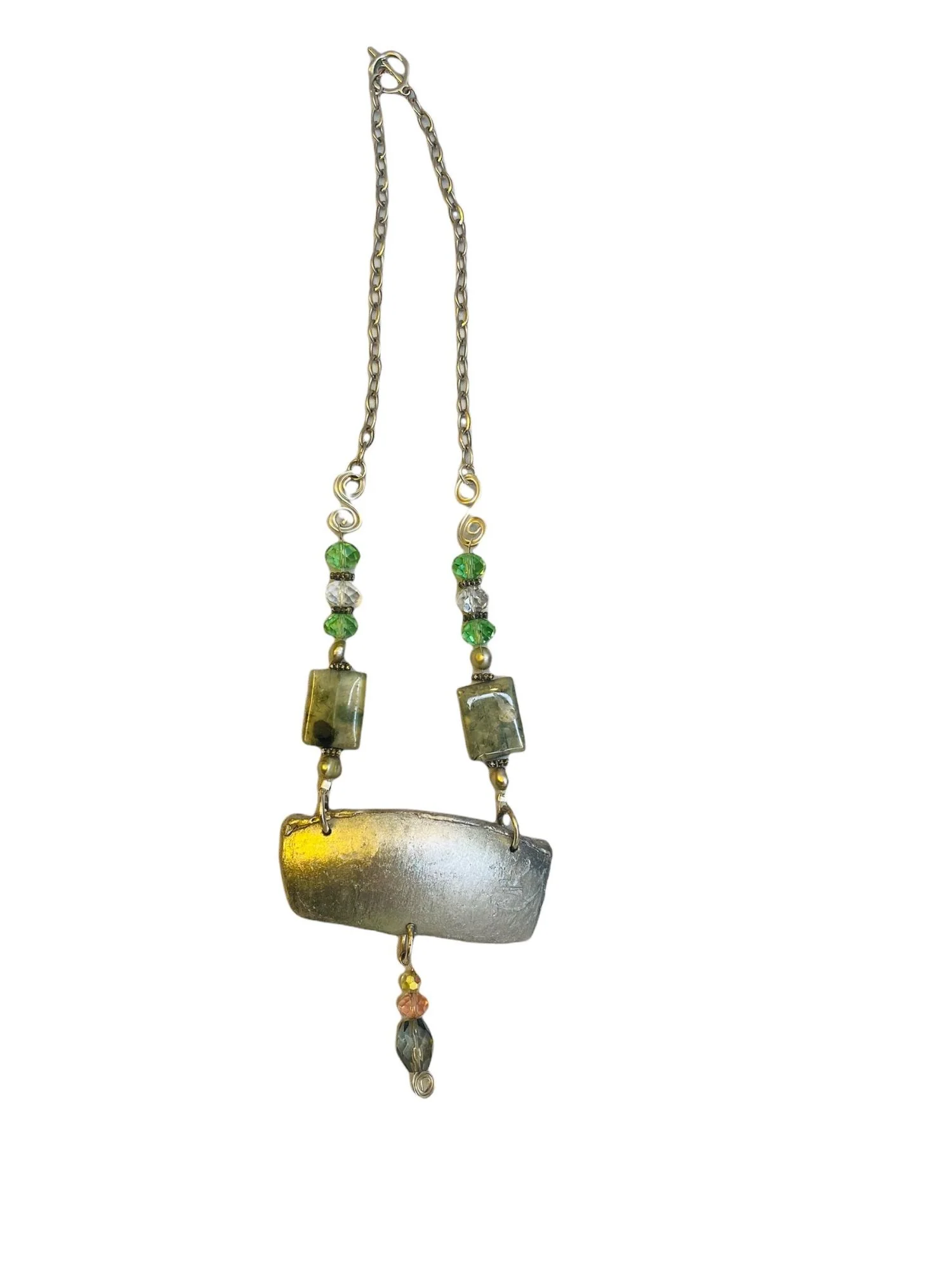Vintage Handmade Broken China Pendant Necklace Soldered and Beaded with Prehnite and Freshwater Pearls - Image 7