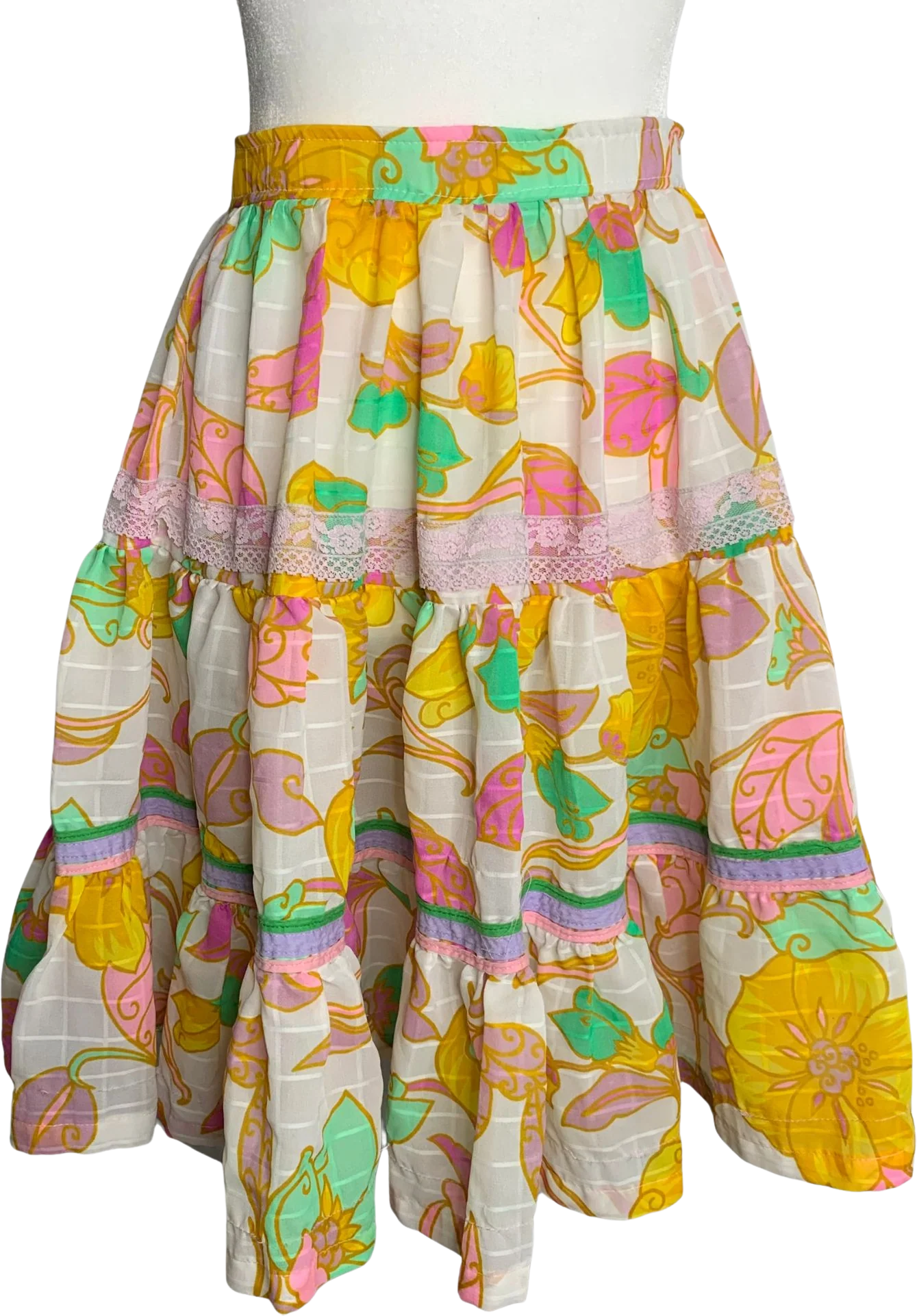 Vintage Handmade Circle Twirl Skirt M White Floral Lace Tiered Ruffle Elastic