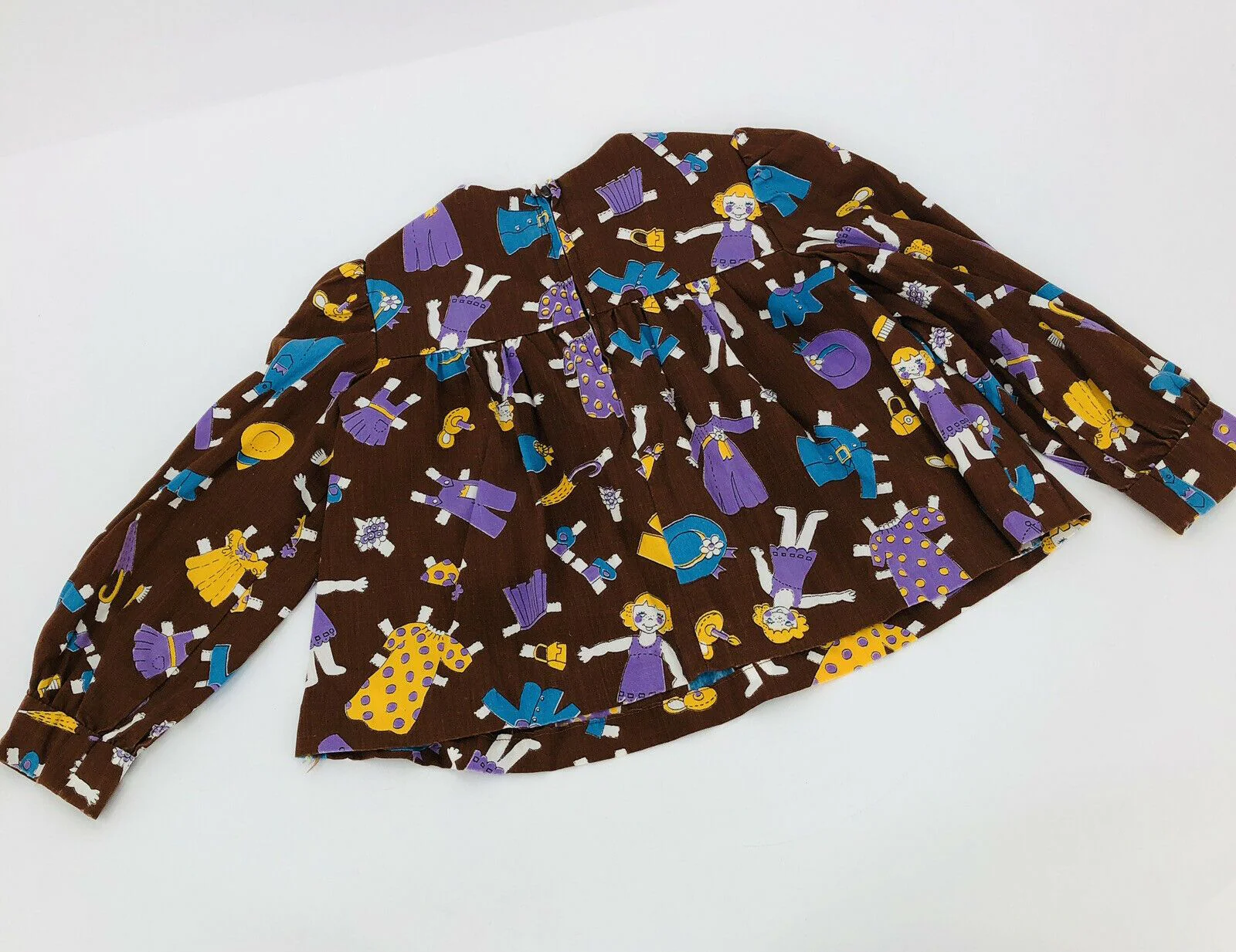 Vintage Handmade Girl's Peasant Top Shirt Blouse Brown Paper Dolls Print Euc - Image 2