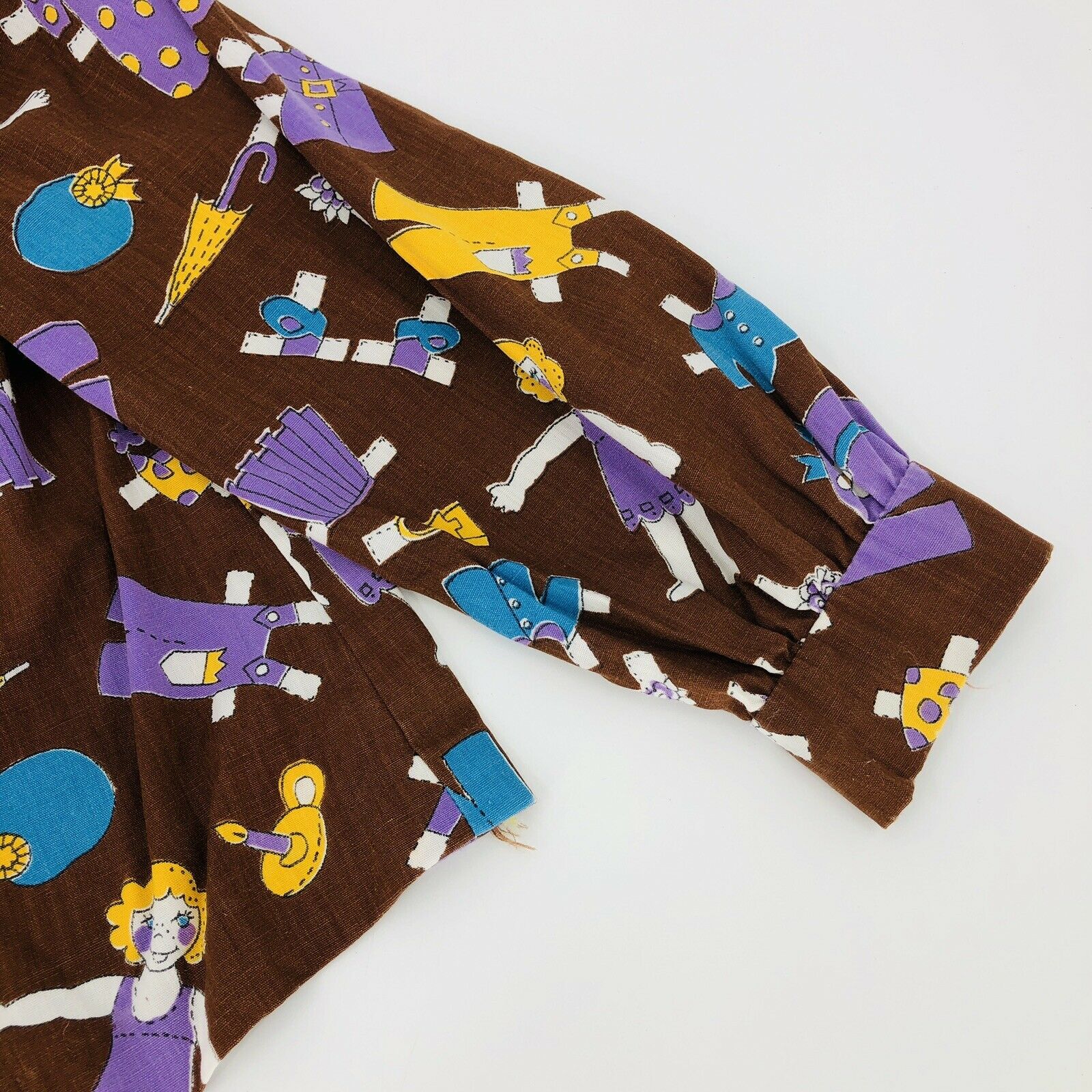 Vintage Handmade Girl's Peasant Top Shirt Blouse Brown Paper Dolls Print Euc - Image 4