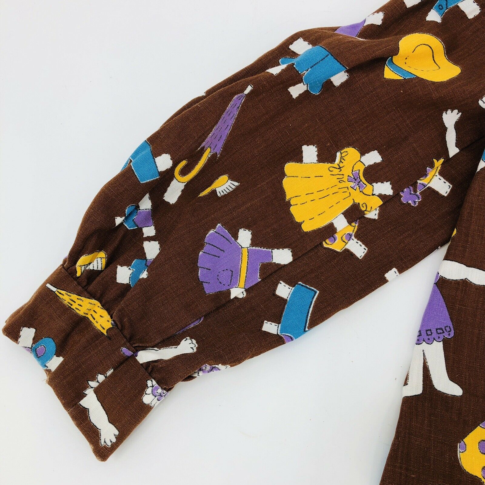 Vintage Handmade Girl's Peasant Top Shirt Blouse Brown Paper Dolls Print Euc - Image 9