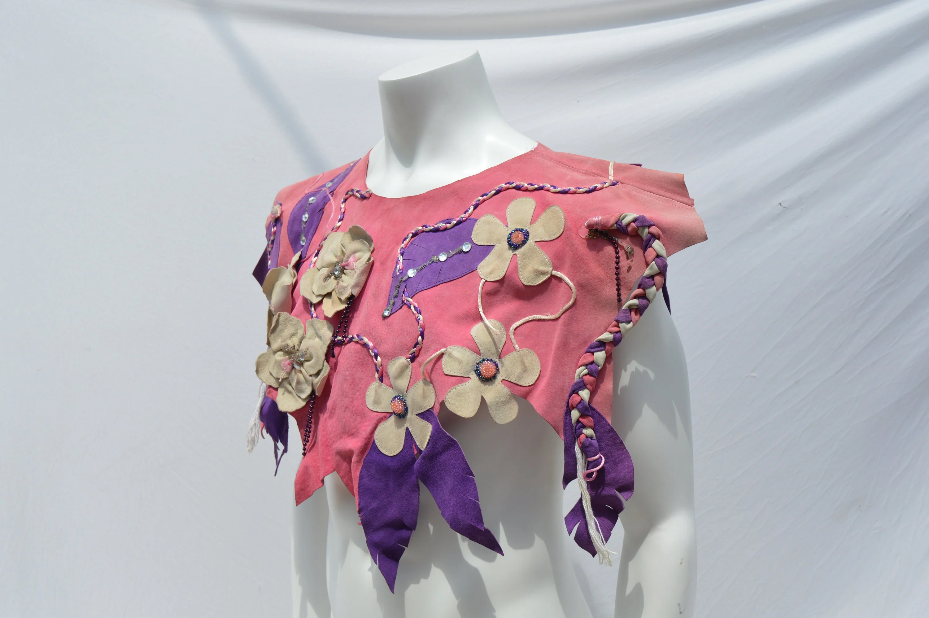 Vintage Handmade Unisex Leather Cape Shoulder Wrap Pink Leather with Floral Applique Rhinestones and Braided Ribbon Art To Wear Folk Art - Image 3