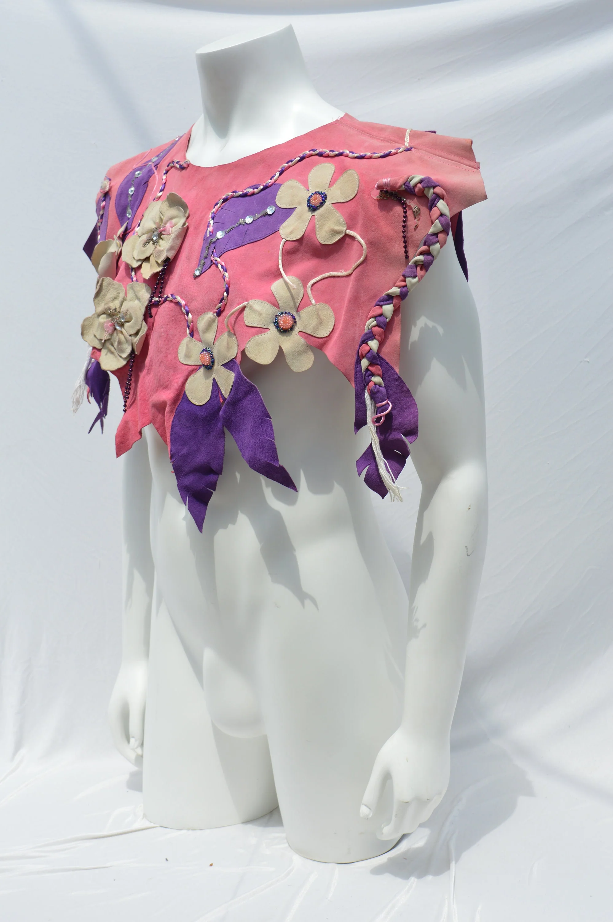 Vintage Handmade Unisex Leather Cape Shoulder Wrap Pink Leather with Floral Applique Rhinestones and Braided Ribbon Art To Wear Folk Art - Image 4