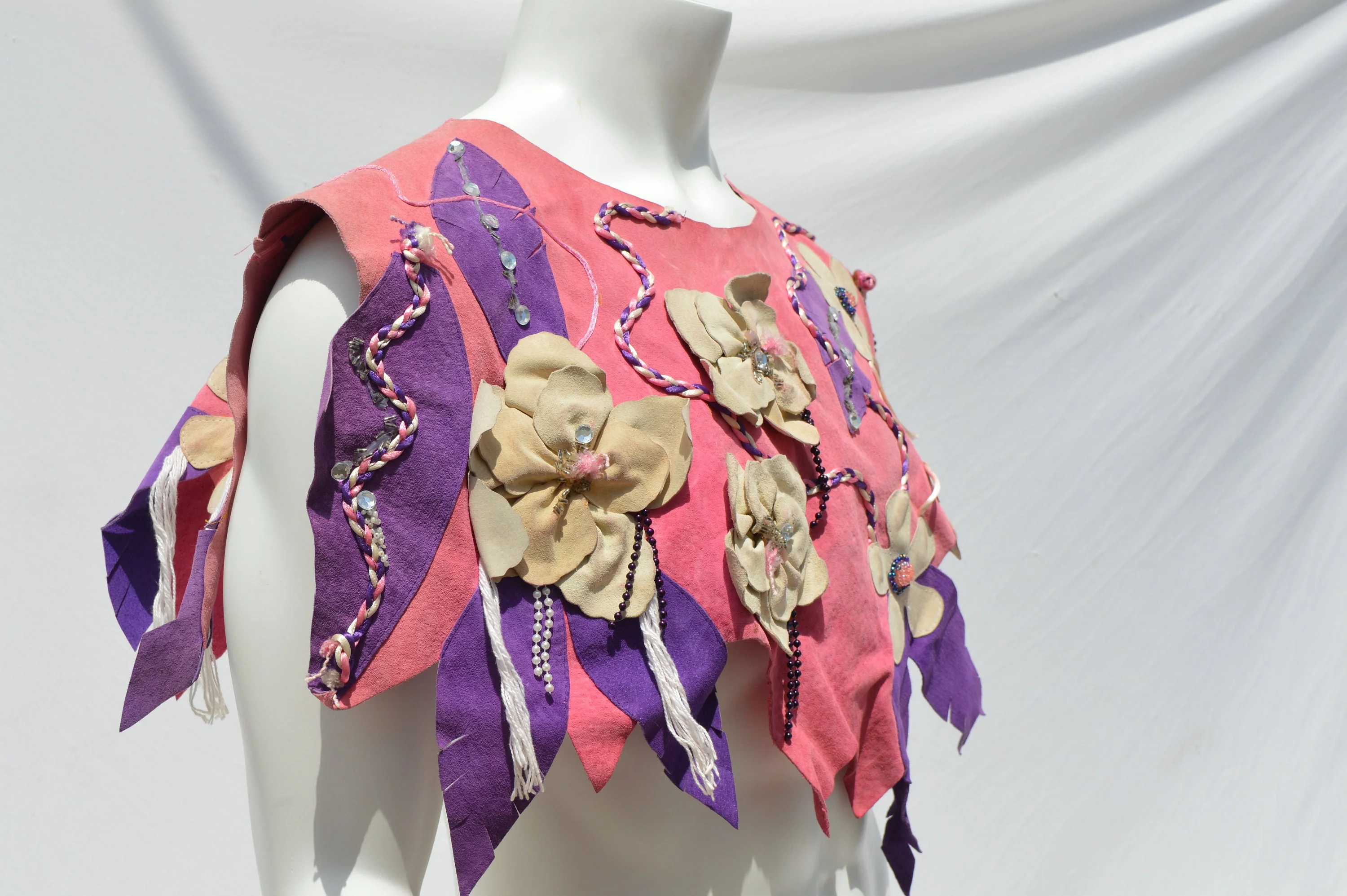 Vintage Handmade Unisex Leather Cape Shoulder Wrap Pink Leather with Floral Applique Rhinestones and Braided Ribbon Art To Wear Folk Art - Image 5