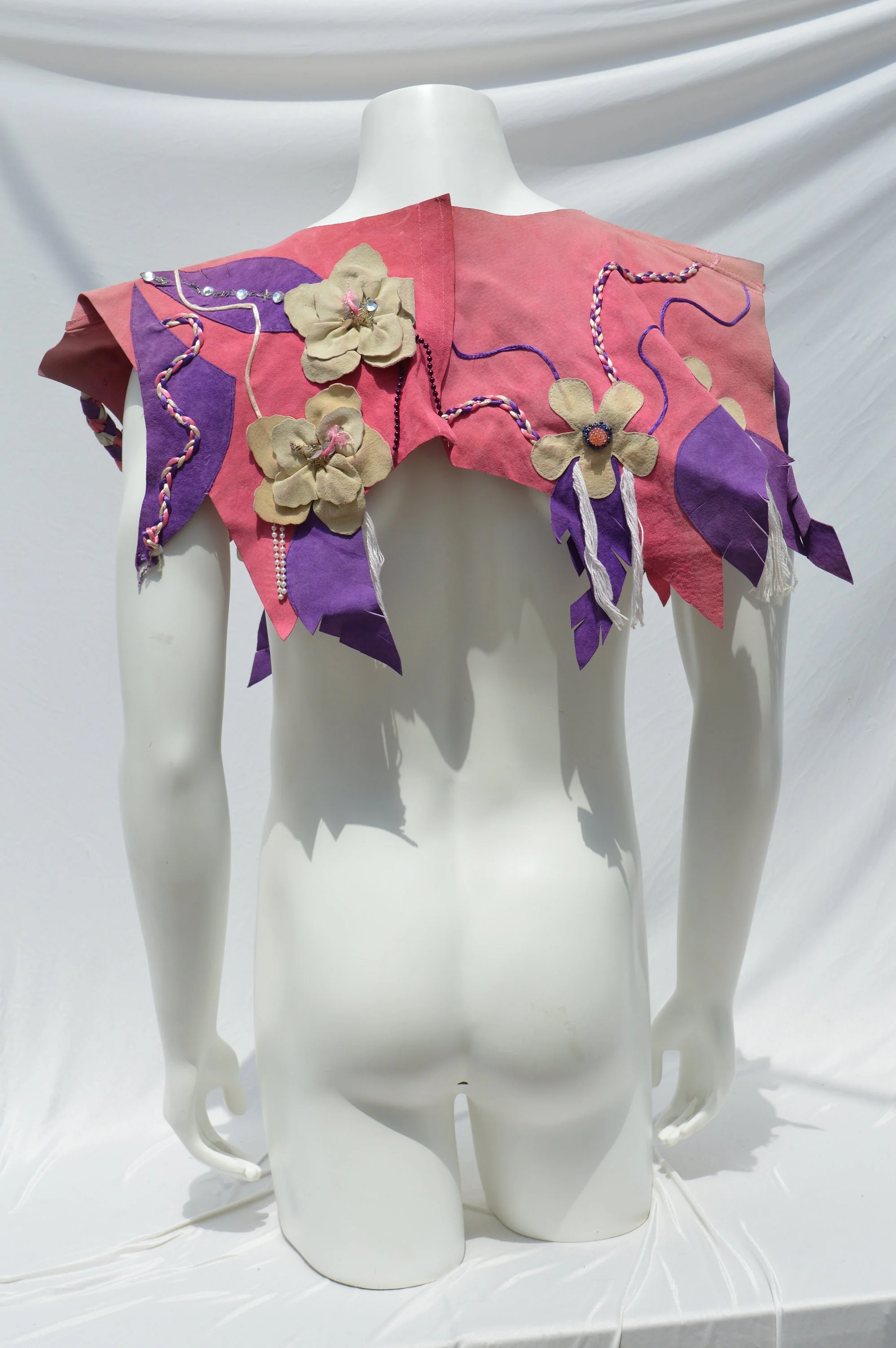 Vintage Handmade Unisex Leather Cape Shoulder Wrap Pink Leather with Floral Applique Rhinestones and Braided Ribbon Art To Wear Folk Art - Image 6