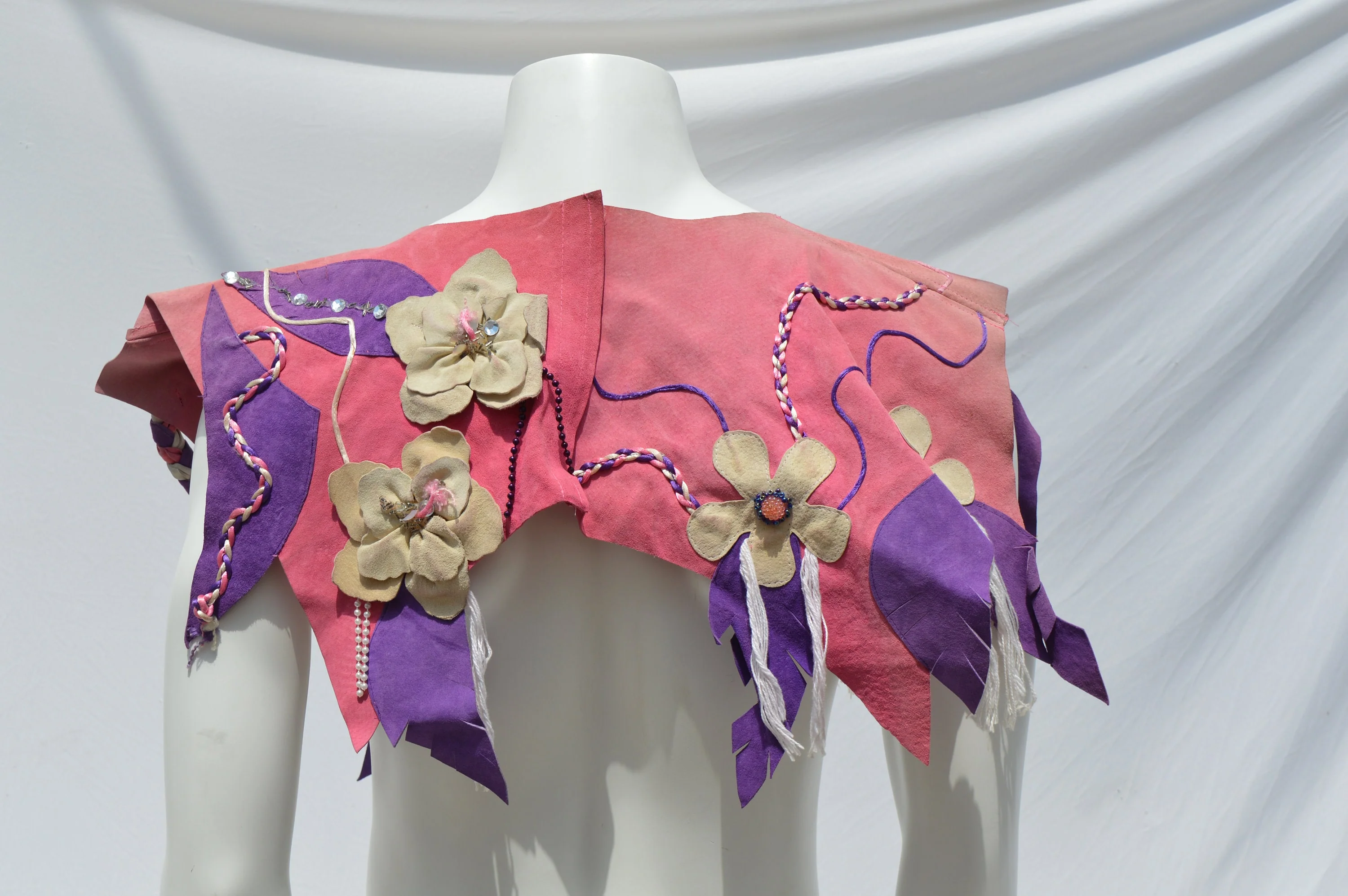 Vintage Handmade Unisex Leather Cape Shoulder Wrap Pink Leather with Floral Applique Rhinestones and Braided Ribbon Art To Wear Folk Art - Image 7
